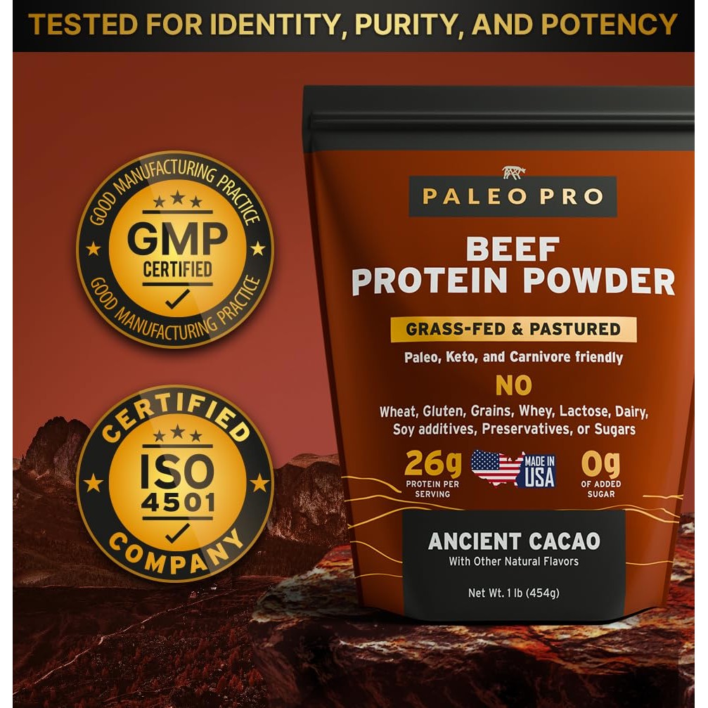 Paleo Pro Beef Protein Powder - Grass Fed Protein Powder Isolate - Pure Animal Based Pastured & Cage-Free | Dairy & Gluten Free, Natural and Clean Proteins for Paleo & Keto - 15 Days Supply (Cacao) - Medaid International