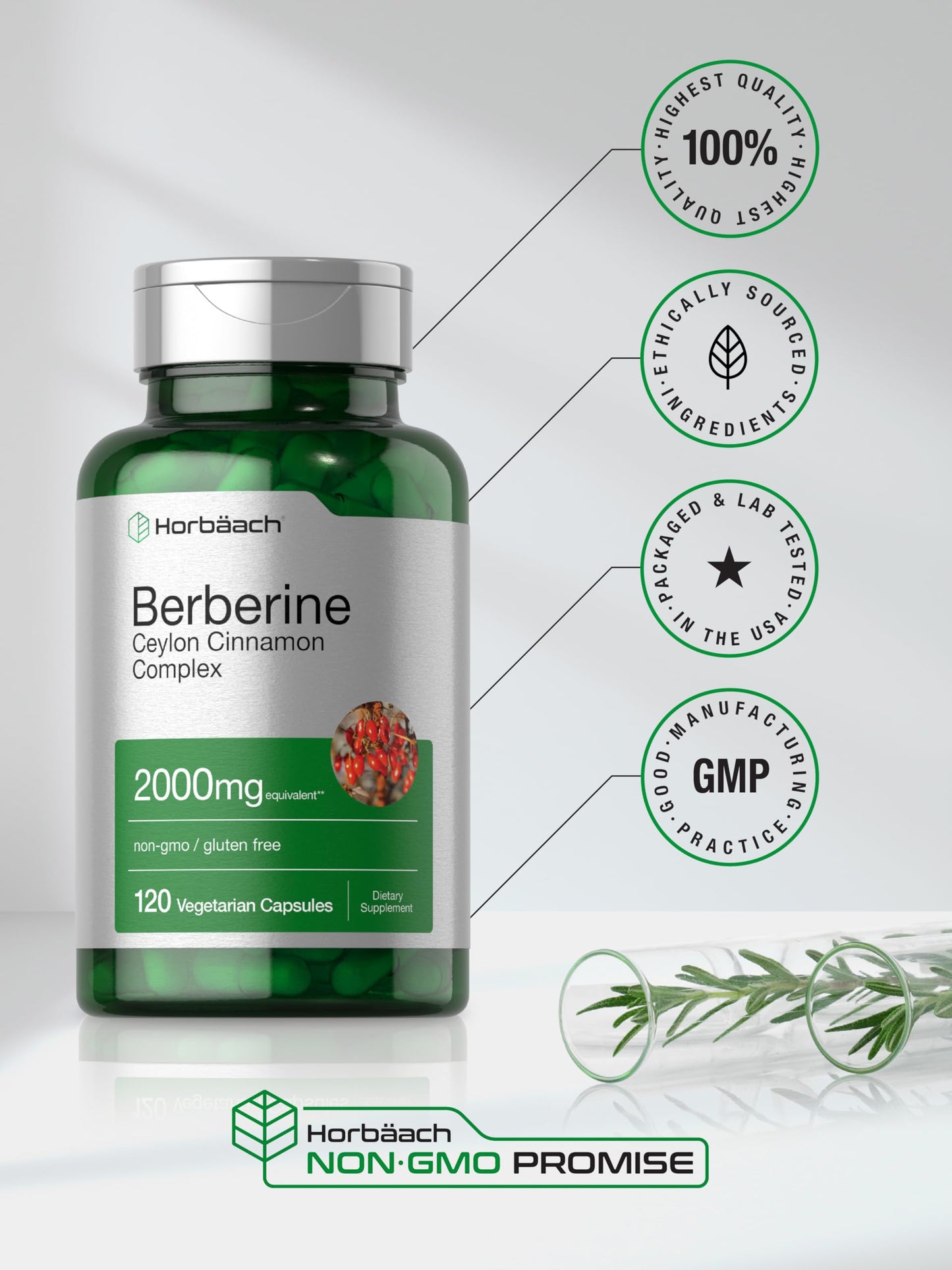 Horbäach Berberine with Ceylon Cinnamon | 2000mg | 120 Veggie Capsules | Vegetarian, Non-GMO & Gluten Free Supplement | Berberine Complex - Medaid International