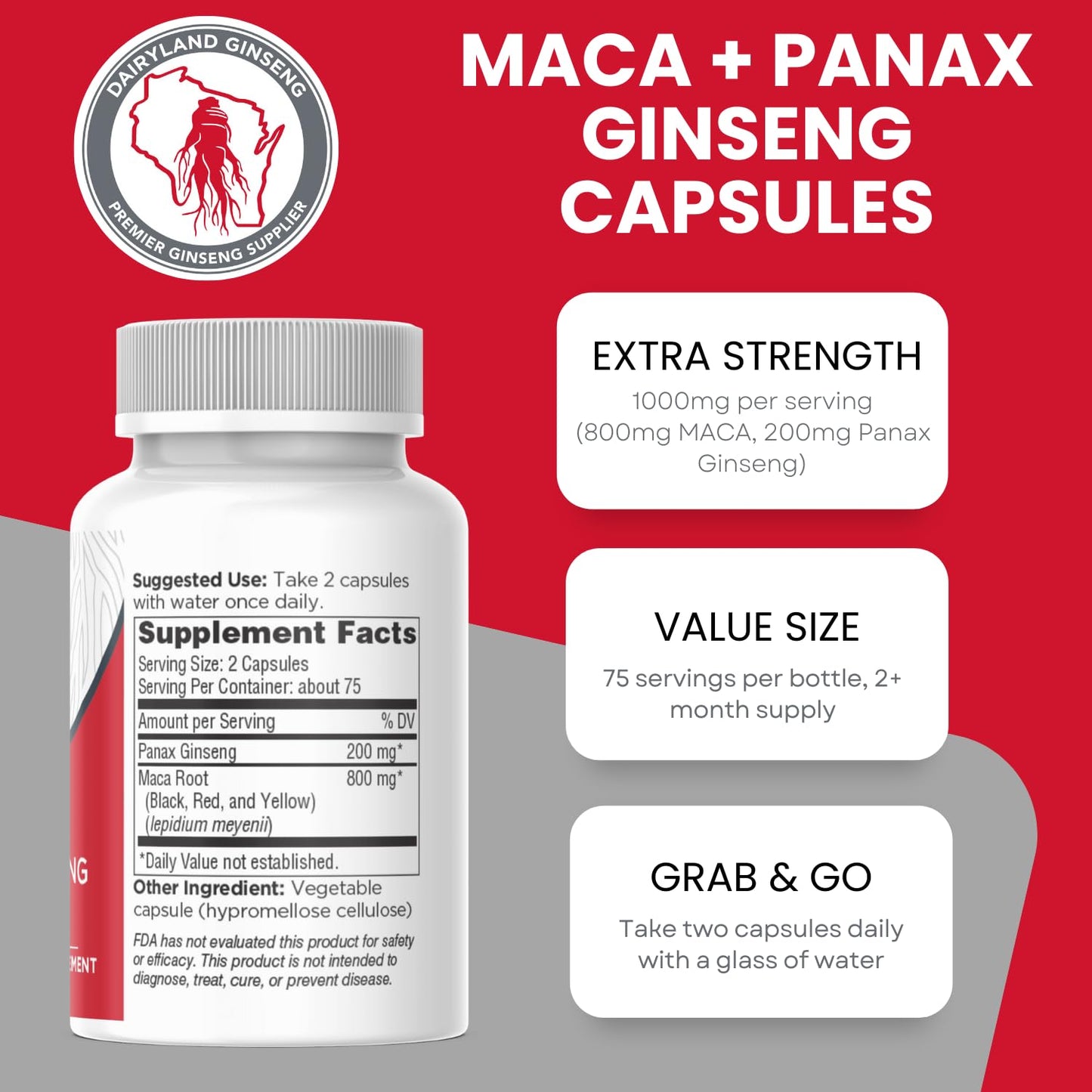 Maca Root Capsules + Korean Panax Ginseng - Concentrated Extract Black + Red + Yellow Maca Root, Panax Ginseng Capsules 150 ct - Medaid International