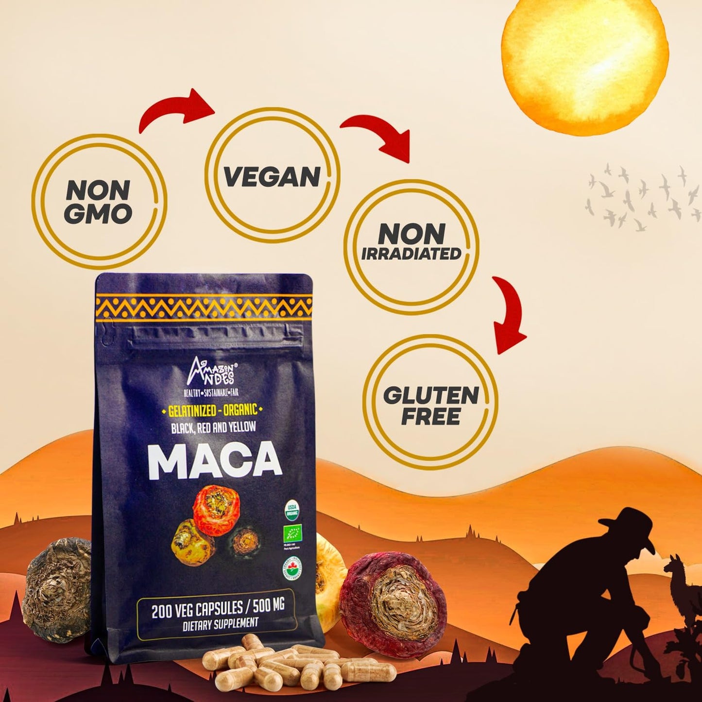Premium Black, Red & Yellow Maca Capsules l 3000mg Serving for Increased Energy Levels & Physical Performance l Powerful Antioxidant & Immune System Booster l 100% Natural and Organic l Amazon Andes - Medaid International