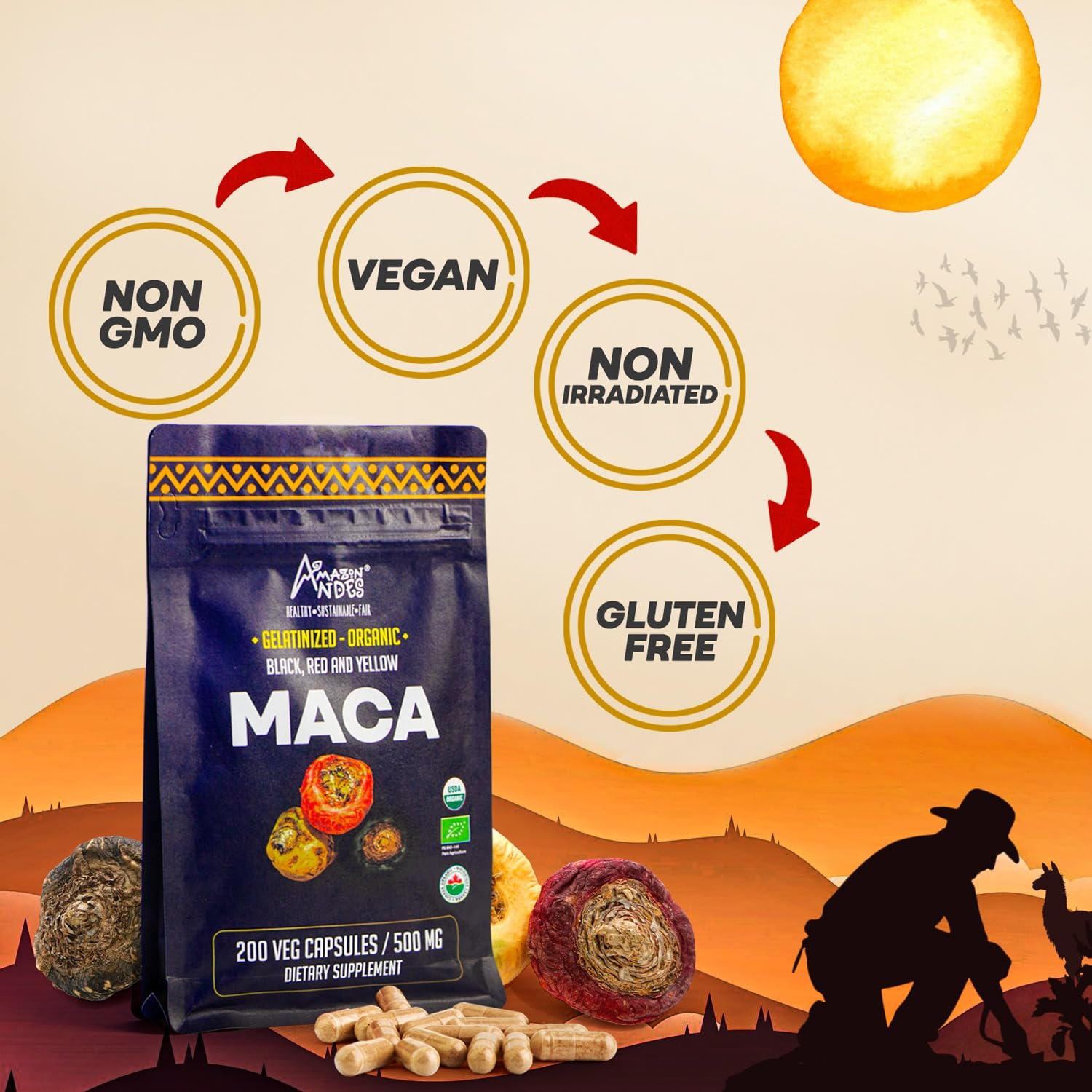 Premium Black, Red & Yellow Maca Capsules l 3000mg Serving for Increased Energy Levels & Physical Performance l Powerful Antioxidant & Immune System Booster l 100% Natural and Organic l Amazon Andes - Medaid International