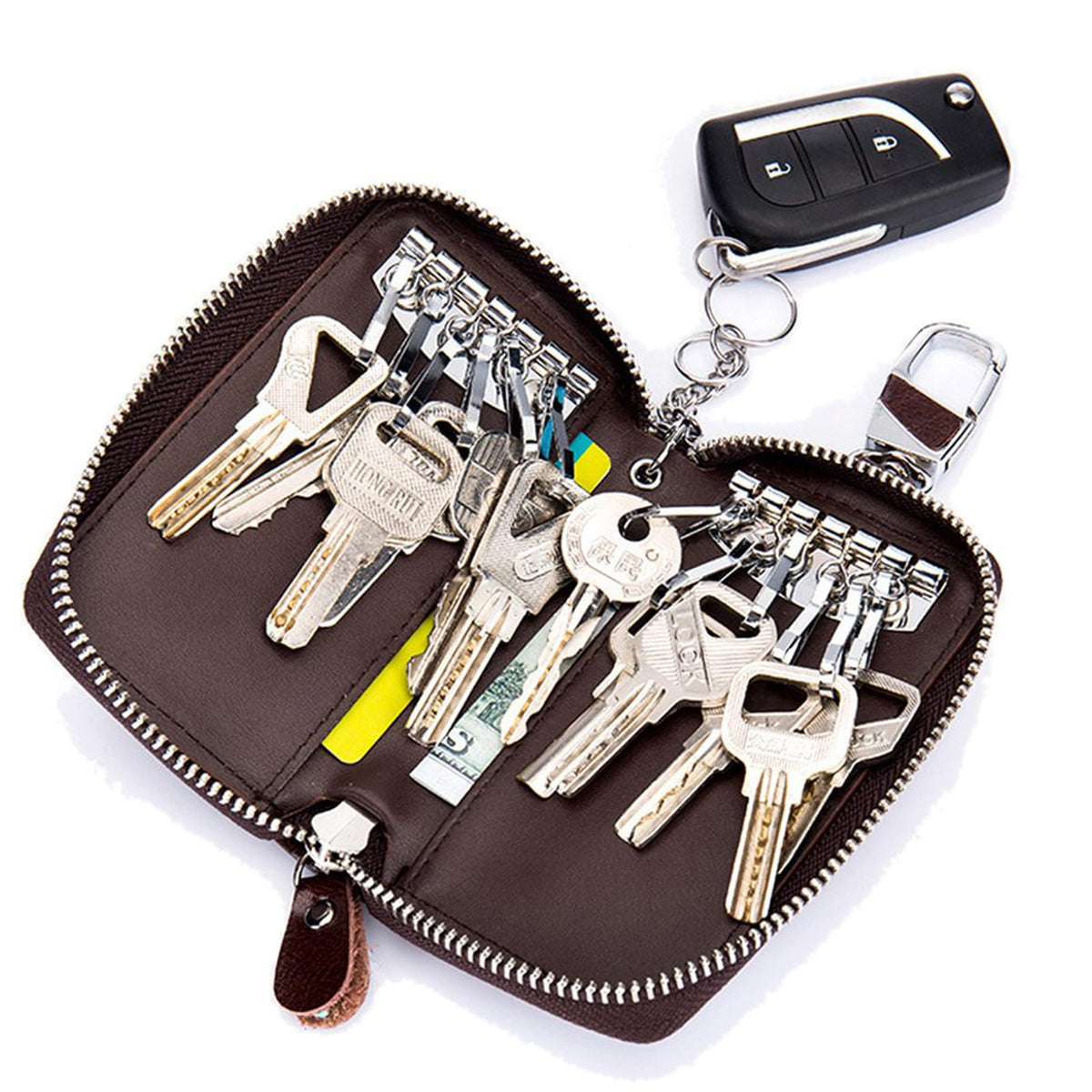 TERRIFI Premium Leather Car Key Holder with 12 Hooks & Ring - Unisex Waist Hang Key Organizer for Ultimate Convenience - Gift for Men or Women (Black, PU Material)
