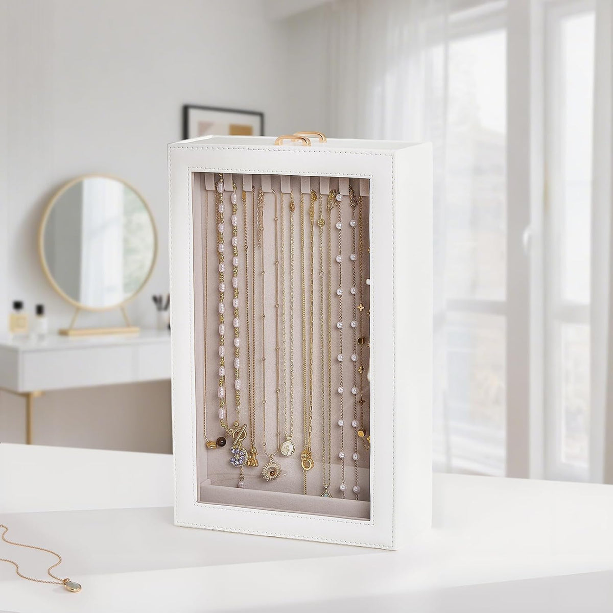 TERRIFI Necklace Organizer Box, Tangle Free Jewelry Storage Case with Clear Window and 20 Hooks, 2 Layer Necklace Bracelet Earring Display Holder for Women Girls Bedroom Dresser, White