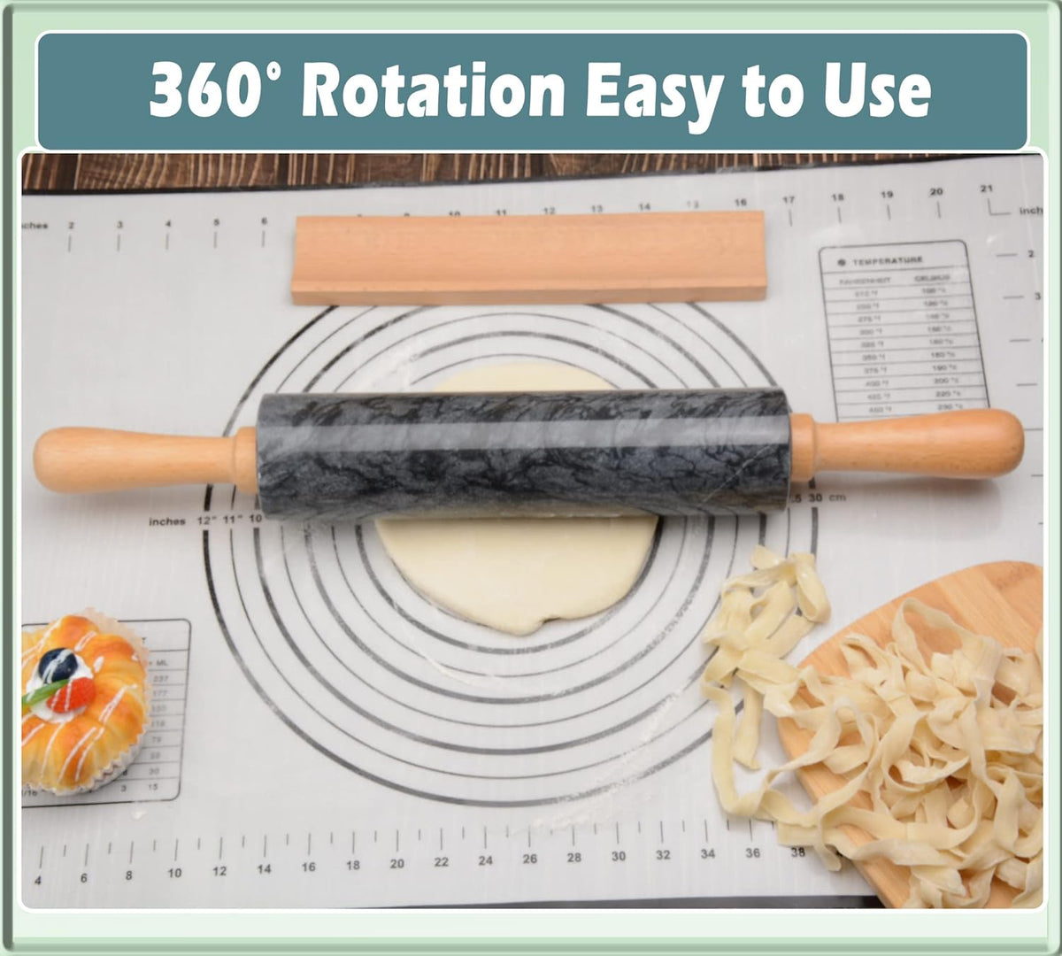 Marble Rolling Pin with Wooden Cradle Thick Handle Set