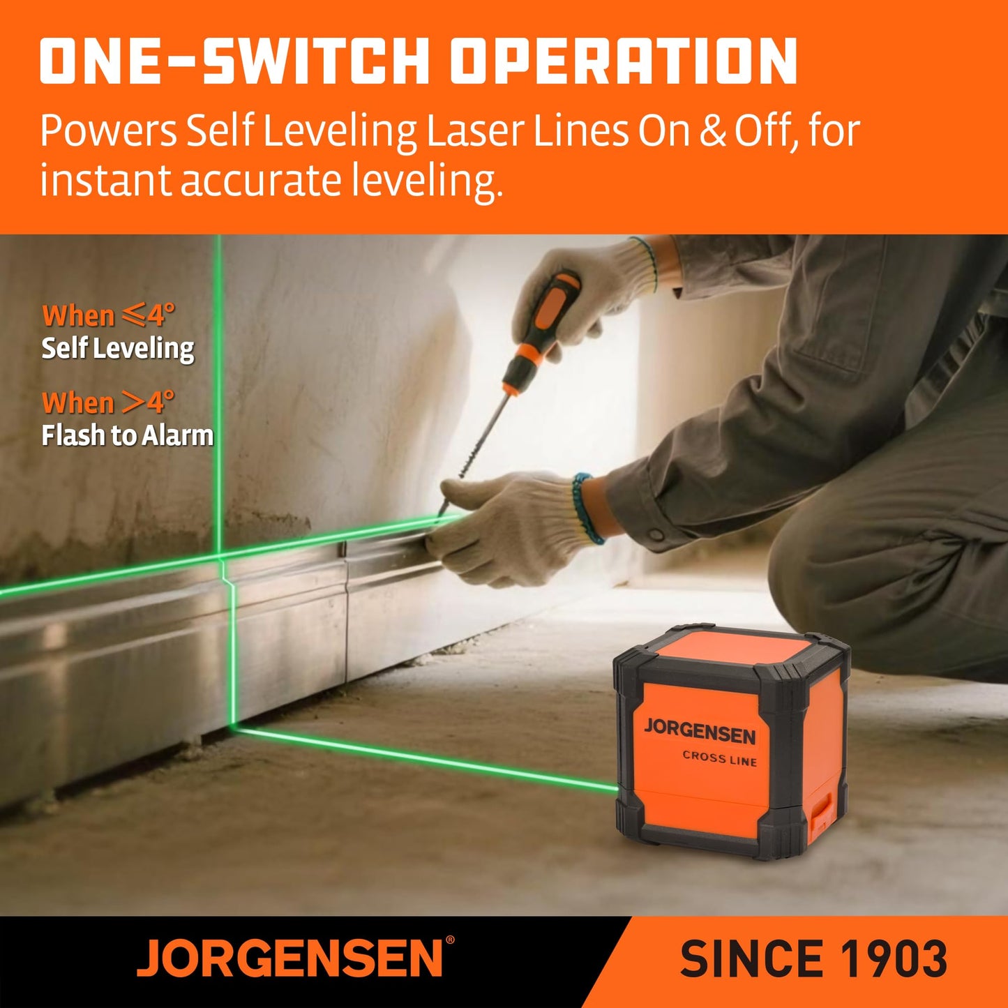 JORGENSEN Laser Level with Tripod, 65 FT Self Leveling Cross Line Laser Leveler Tool with 360° Magnetic Base, Green Laser Level for Picture Hanging, Home Renovation, Indoor Project - Medaid International