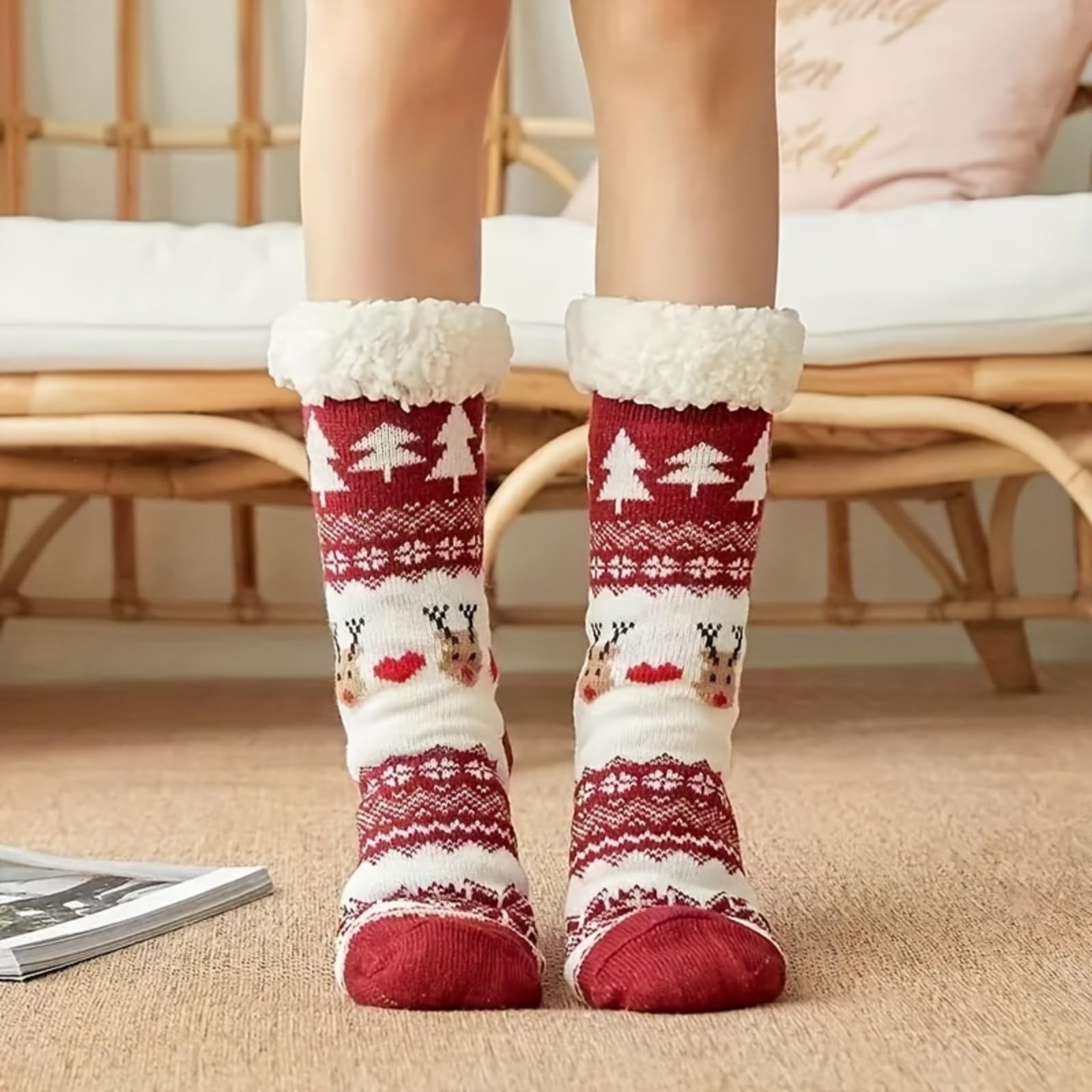 Women's Winter Cartoon Pattern Fleece Crew Socks - Soft Plush Fuzzy Sleep Socks with Non-Slip Grips | Warm, Comfortable & Fluffy for Home, Hospital & Indoor Use | Christmas Gift Idea - Medaid International