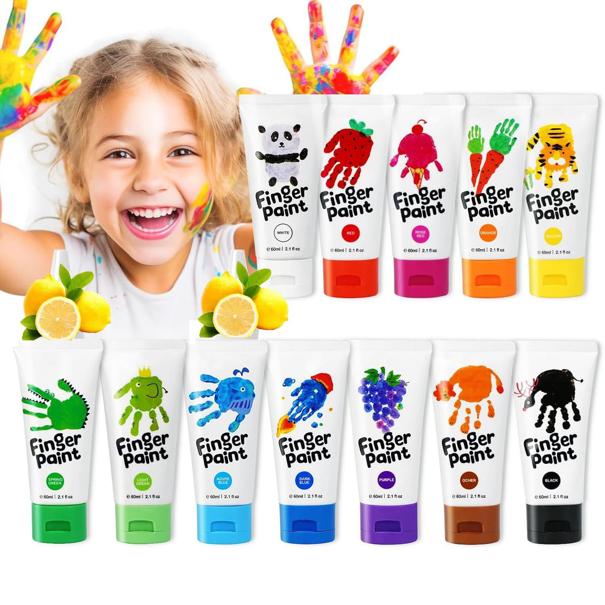 KASTWAVE Washable Finger Paints for Toddlers, 12 Colors Non-Toxic Baby Paint, Safe Art Supplies Hand & Foot Painting, Preschool Learning Gifts Kids Age 2+ (2.1 fl oz)