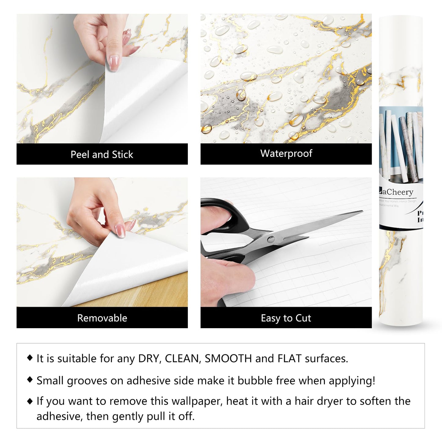LACHEERY Thick White Marble Peel and Stick Wallpaper White and Gold Wallpaper for Kitchen Accent Wall Paper Counter Cover Peel and Stick Countertop Contact Paper Waterproof Matte Marble Roll 12"x160" - Medaid International