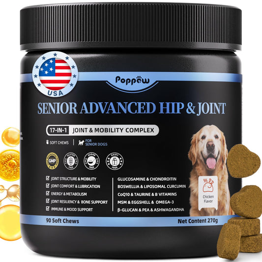 POPPAW Senior Advanced Joint Supplement for Dogs – 17-in-1 Glucosamine for Dogs with Chondroitin – Hip & Joint Pain Relief Pills – Mobility Support Chews – Large & Small Breeds - Chicken Flavor – 90Ct