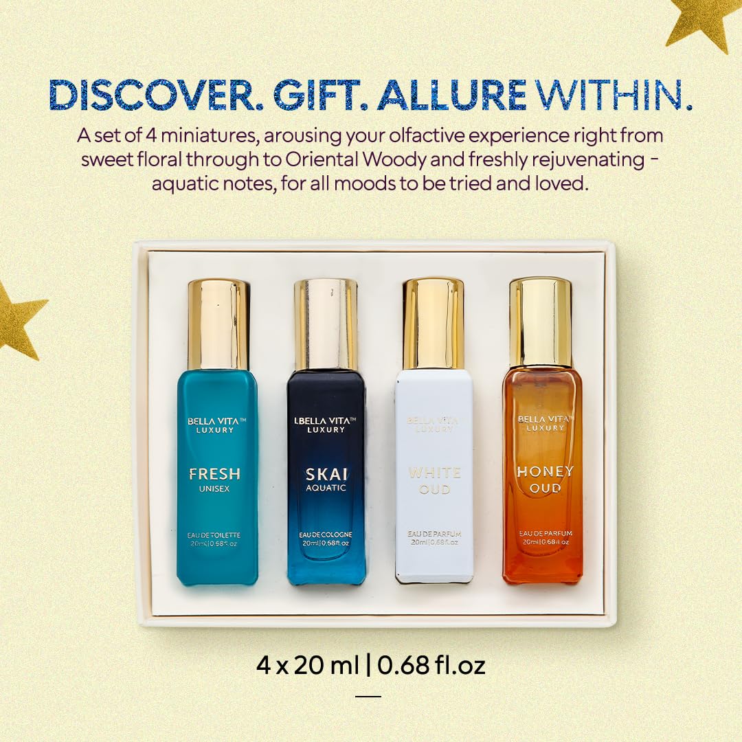 BellaVita Luxury Unisex Cologne Gift Set (4x20ml) | Fragrances Includes Honey OUD, SKAI, FRESH & White OUD | Travel Size Mini Perfumes & Spicy Vanilla Perfume Oil | Unisex Perfume for Women & Men - Medaid International