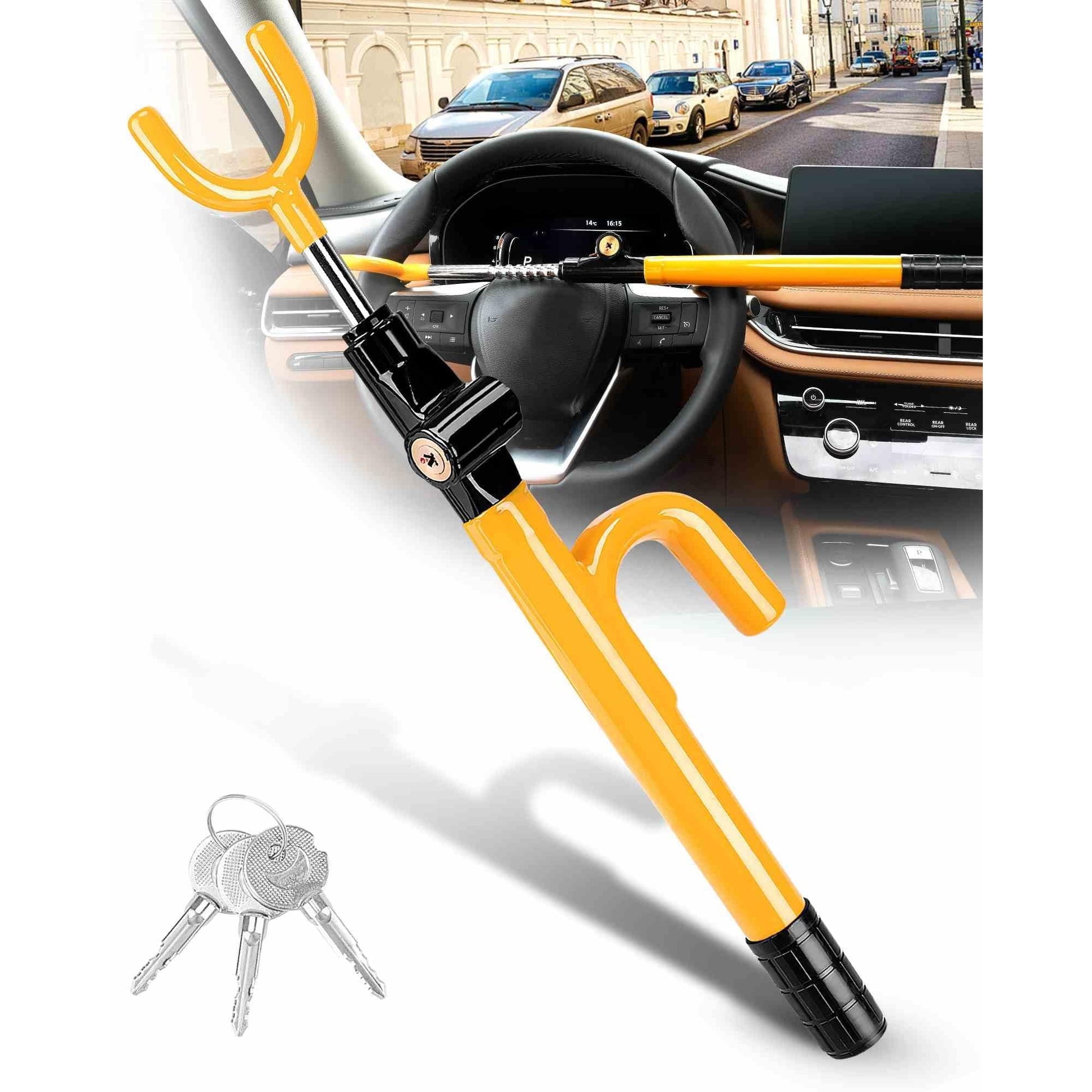 Tevlaphee Steering Wheel Lock - Anti Theft Device with Adjustable Car Wheel Lock, 3 Keys (Yellow) - Medaid International