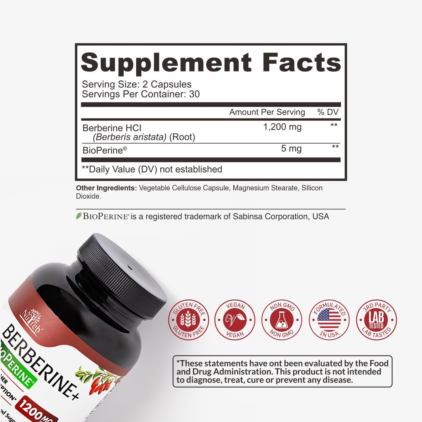 Nutreb Berberine Supplement 1200mg - 5X Higher Absorption - Ultra Pure 98% Berberine HCL - Healthy Weight Management, Immune Support - Non GMO, Manufactured in USA - 60 Vegan Capsules - Medaid International