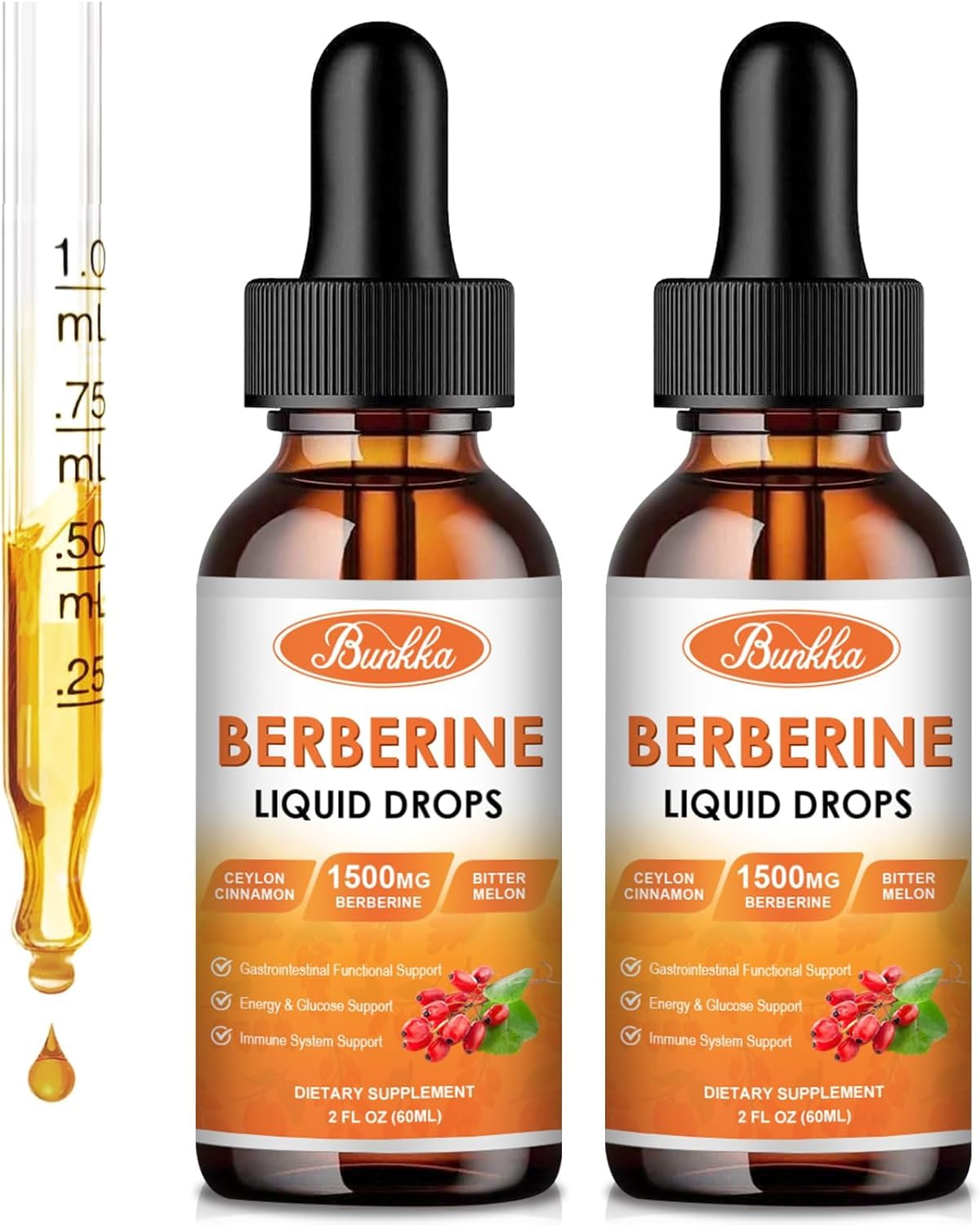 Bunkka (2 Pack) Berberine Supplement, Berberine Liquid Drops with Ceylon Cinnamon, Bitter Melon, Sugar-Free & Vegan Supplement Supports Immune System & Gastrointestinal Care - 4 FL Oz - Medaid International