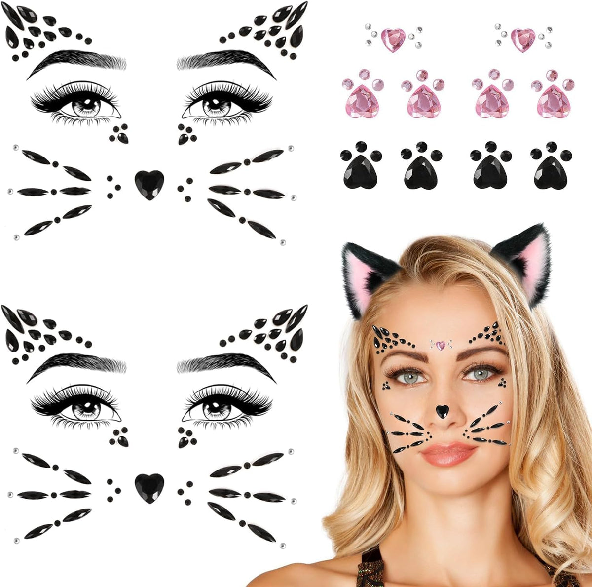 TERRIFI Face Gems for Women Cat Whiskers Style, 4 Sheets Reusable Makeup Rhinestones for Festivals and Themed Events, Self-Adhesive Glitter Stickers for Beauty and Cosplay Decorations