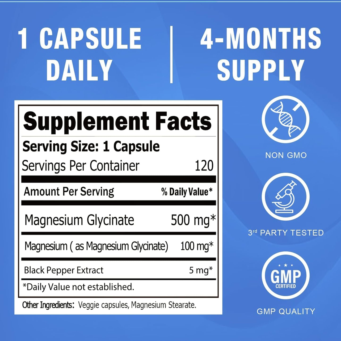 Magnesium Glycinate 500mg Capsules - Chelated High Absorption Magnesium Bisglycinate Supplement for Sleep, Muscle & Heart Support for Women & Men - Pure, Gluten-Free, Non-GMO, 120ct - Medaid International