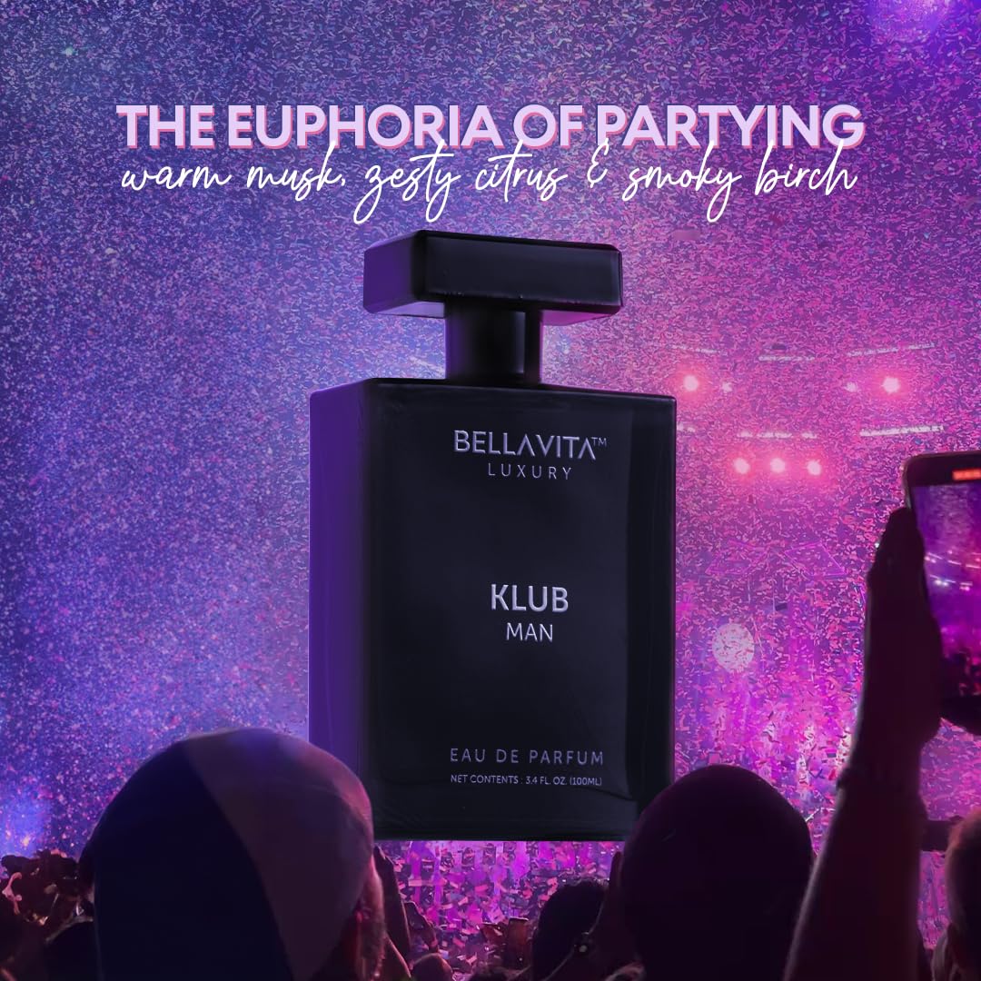 BellaVita Luxury KLUB Men's Eau De Parfum (100ml) | Intense, Masculine Party Perfume for Men | Notes: Lemon, Jasmine, Rose, Musk, Amber and Patchouli | Made with Premium Long-Lasting Perfume Oils - Medaid International