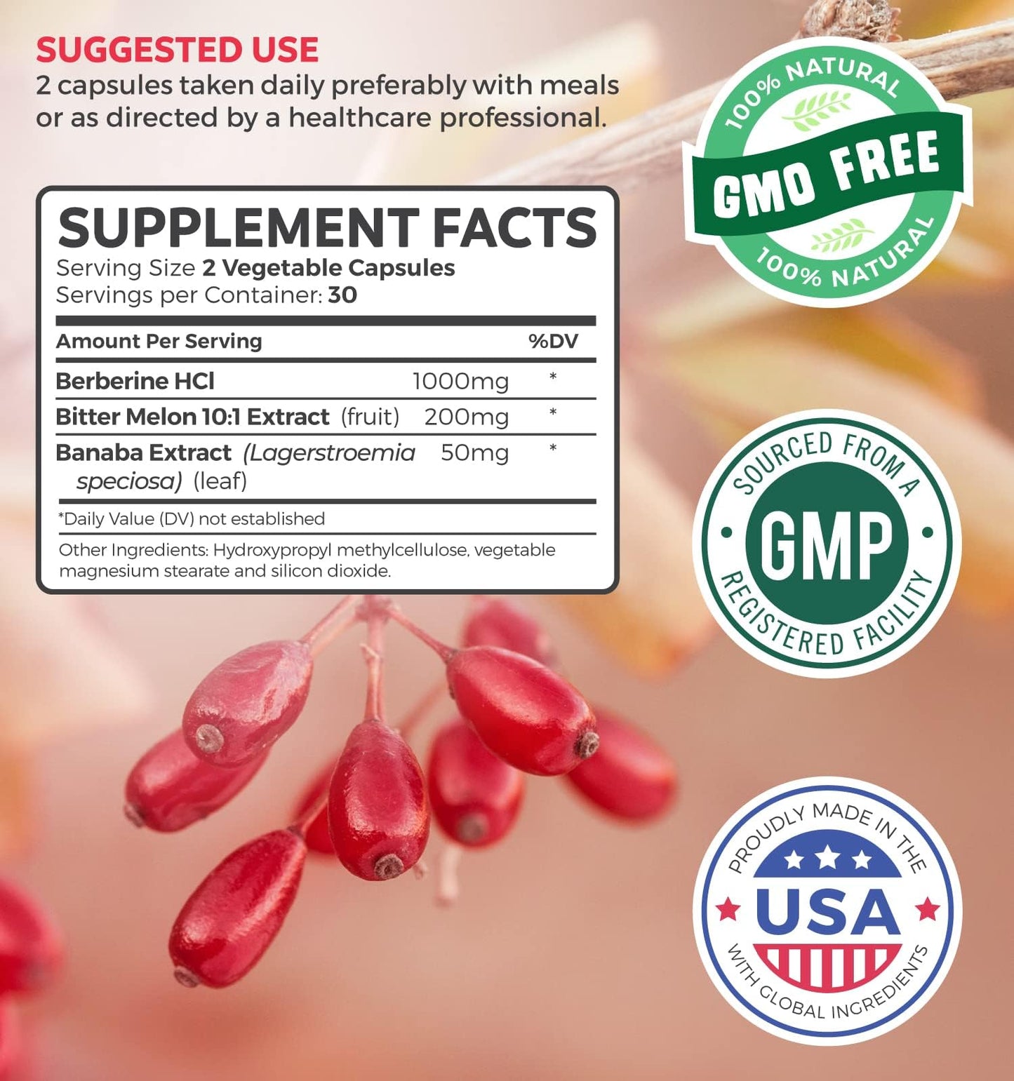 Berberine Supplement (Non-GMO & Vegetarian) Berberine HCL Plus Bitter Melon & Banaba Leaf Extract Capsules - Berberine 500mg Each, 1000mg Per Serve - AMPK Metabolic Activator - 60 Caps (No Pills) - Medaid International