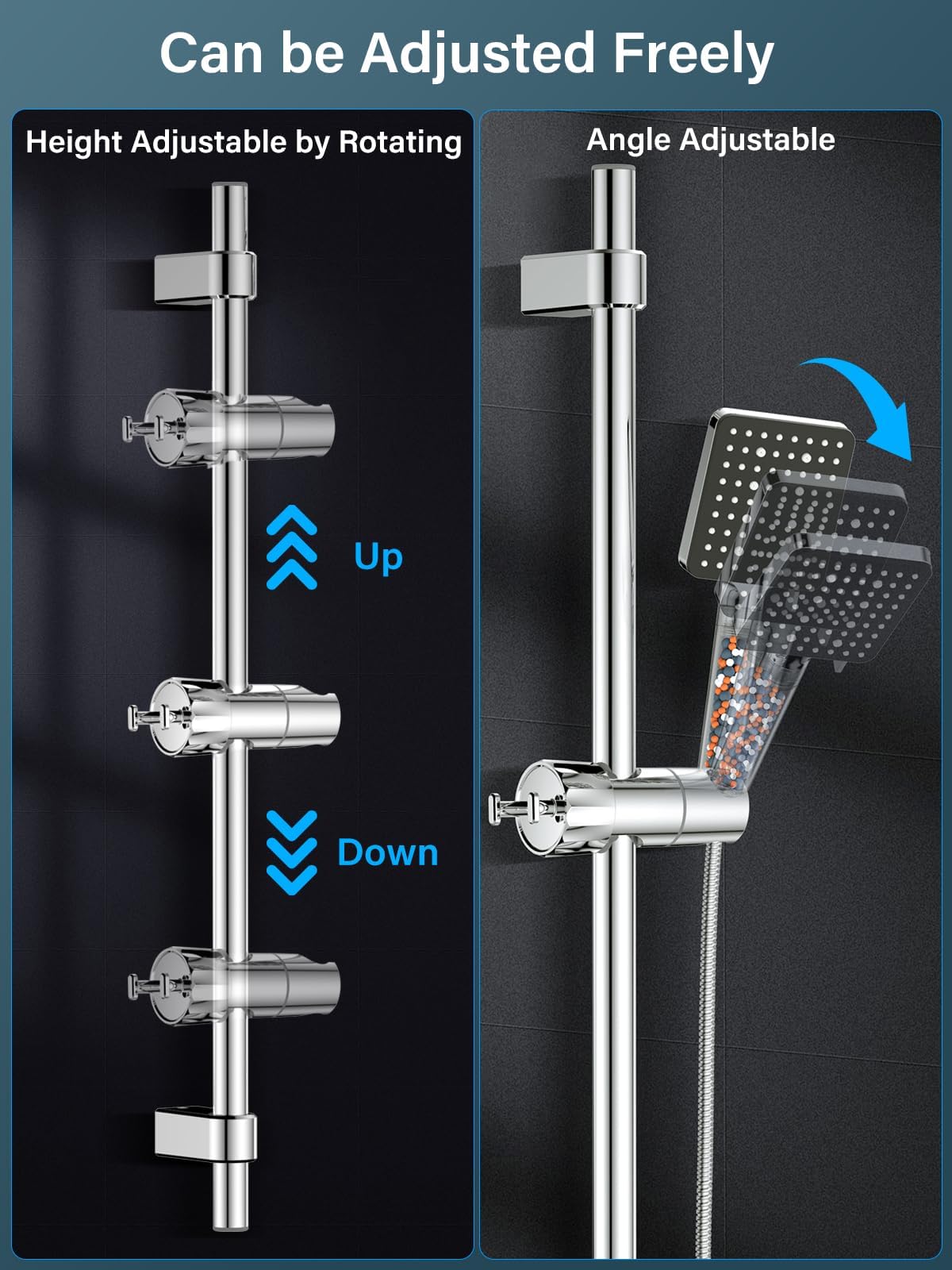 KASTWAVE Shower Head Holder with 2 Hooks, Universal Replacement Adjustable Holder Bracket for 16-28mm, Chrome-Plated+ABS Shower Design Shower Head Holders, Easy Installation for Slide Rod