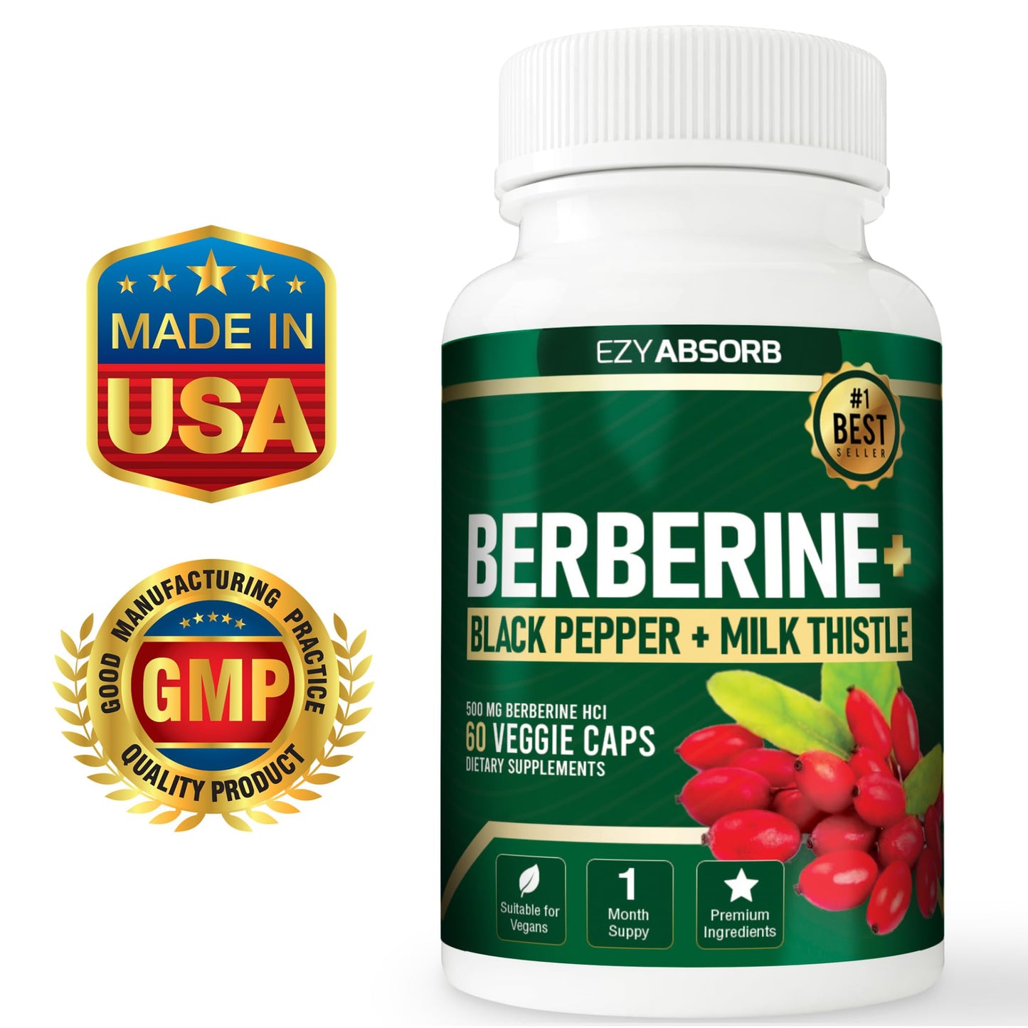 EzyAbsorb Gluten-Free Berberine 500mg, 60 Veggie Capsule w/LA-3 AMPK Metabolic Activator - Medaid International