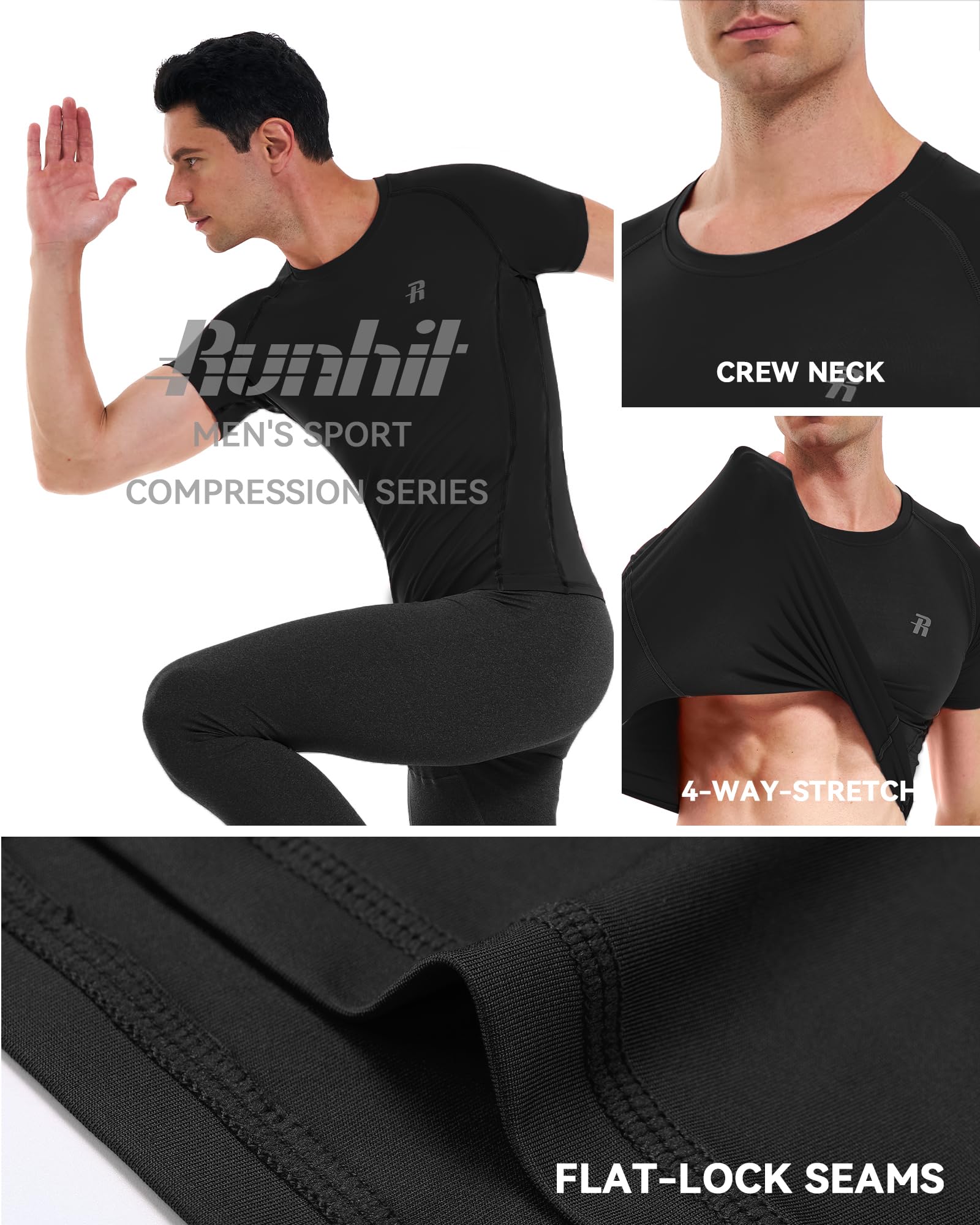 Runhit 3 Pack Compression Shirt for Men Short Sleeve T-Shirt Workout Athletic Running Shirt Base Layer UV Sun Protection Tops 3 Pack Black - Medaid International