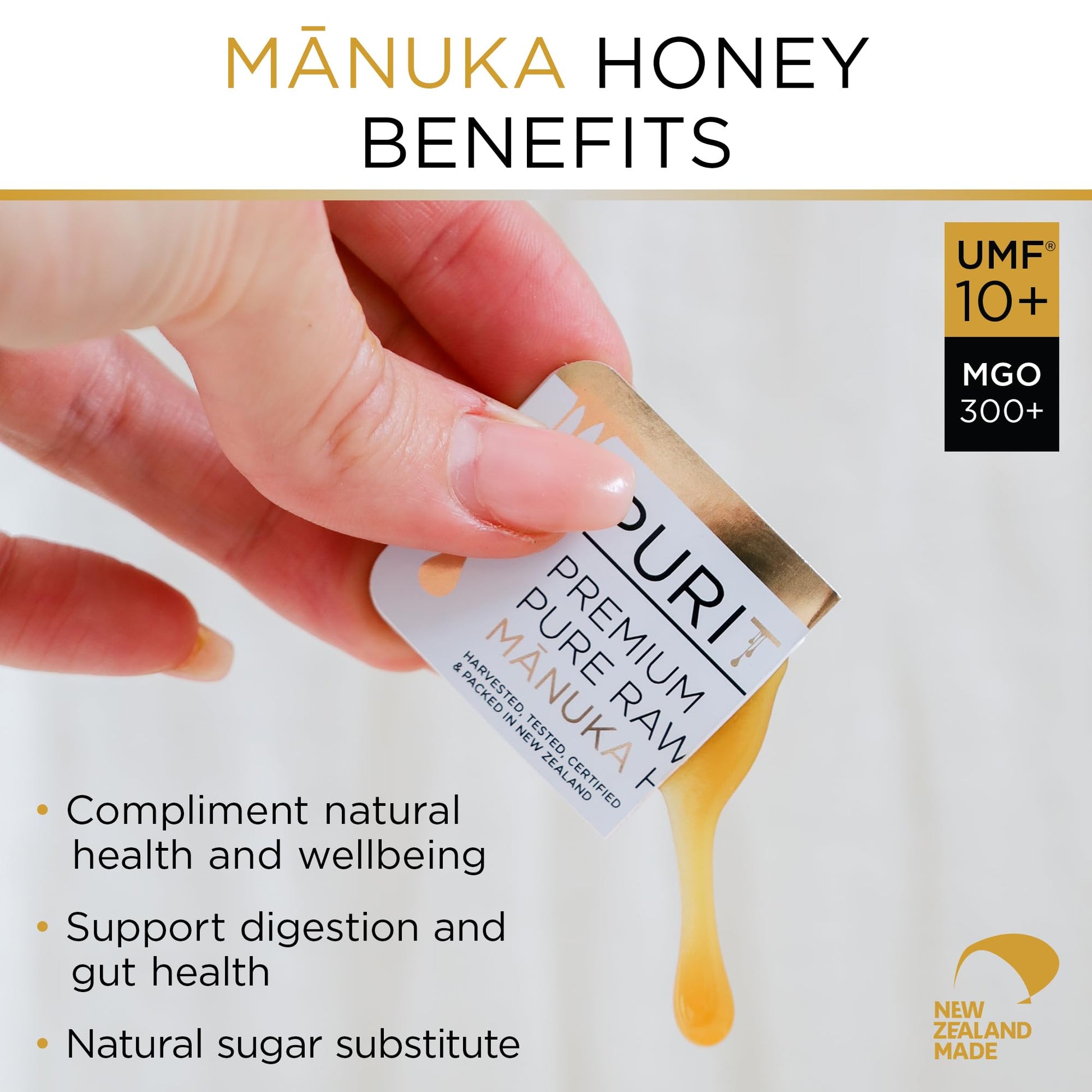 PURITI Genuine Raw Manuka Honey Snaps On The Go - UMF 10+ (MGO300+) 21 x 0.18oz Individual Snap Packets, Single Serve Honey Sticks for Tea, Travel & Snacks, Certified, Authentic Made in New Zealand - Medaid International