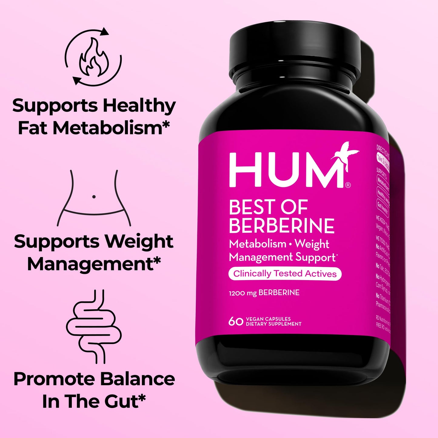 HUM Best of Berberine Supplement 1200mg, Pure Potency for Metabolic Wellness, Gut Health, Pure Berberine Supplements Enhanced with BioPerine for Maximum Absorption, 60 Capsules - Medaid International
