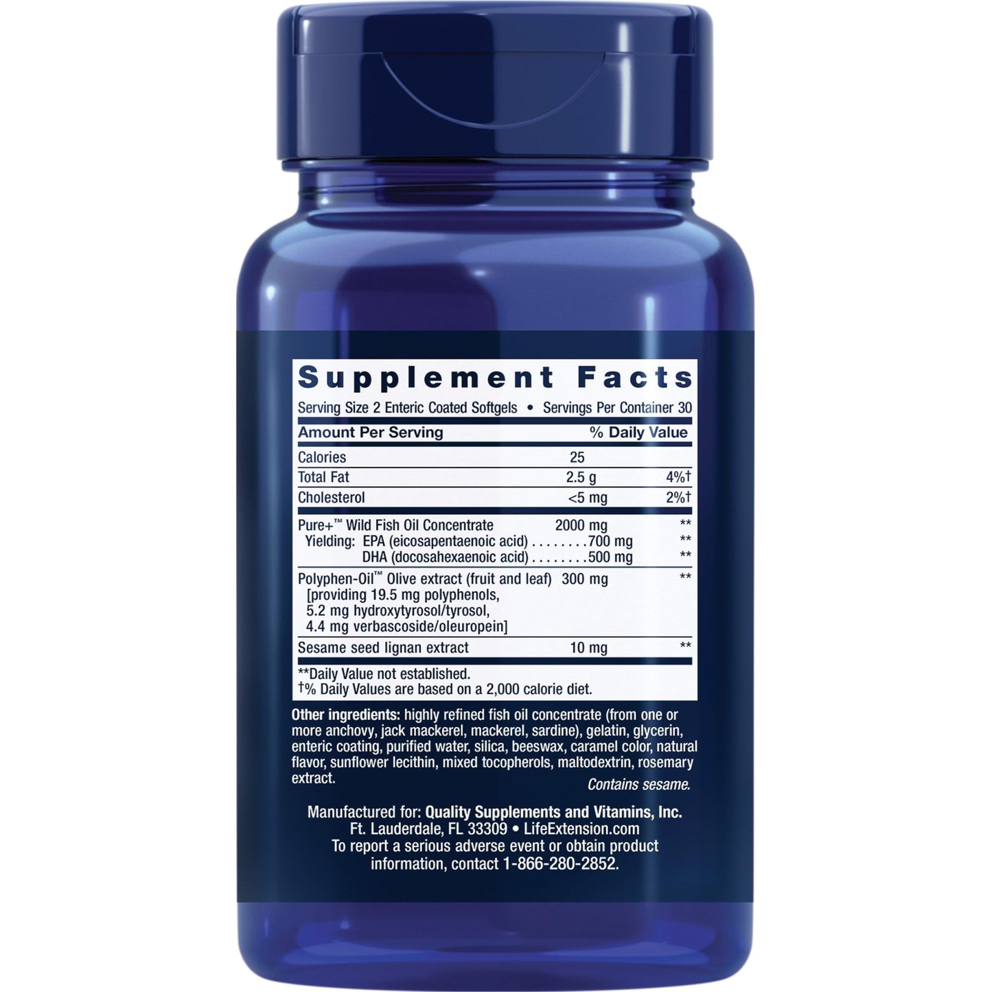 Life Extension Super Omega-3 EPA/DHA Fish Oil, Sesame Lignans & Olive Extract – Heart Health, Brain Health, Inflammation Health Support, Gluten-Free, Enteric-Coated, Non-GMO, 60 Softgels - Medaid International