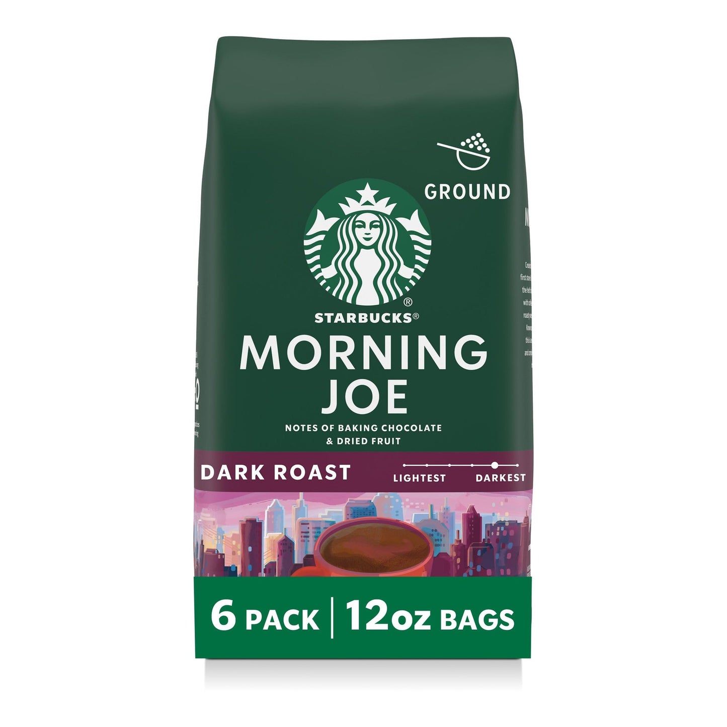 Starbucks Ground Coffee, Dark Roast Hot or Iced Coffee, Morning Joe, Six 12 oz Bags