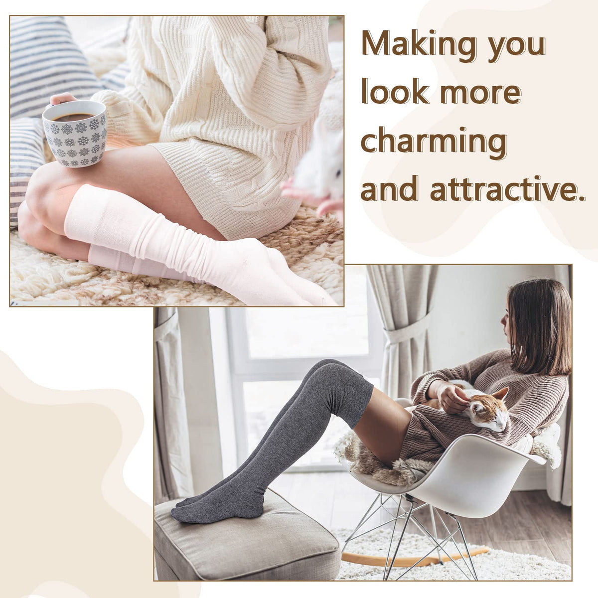 KASTWAVE Extra Long Socks, Thigh High Cotton Socks, 3 pair Extra Long Boot Stockings for Women