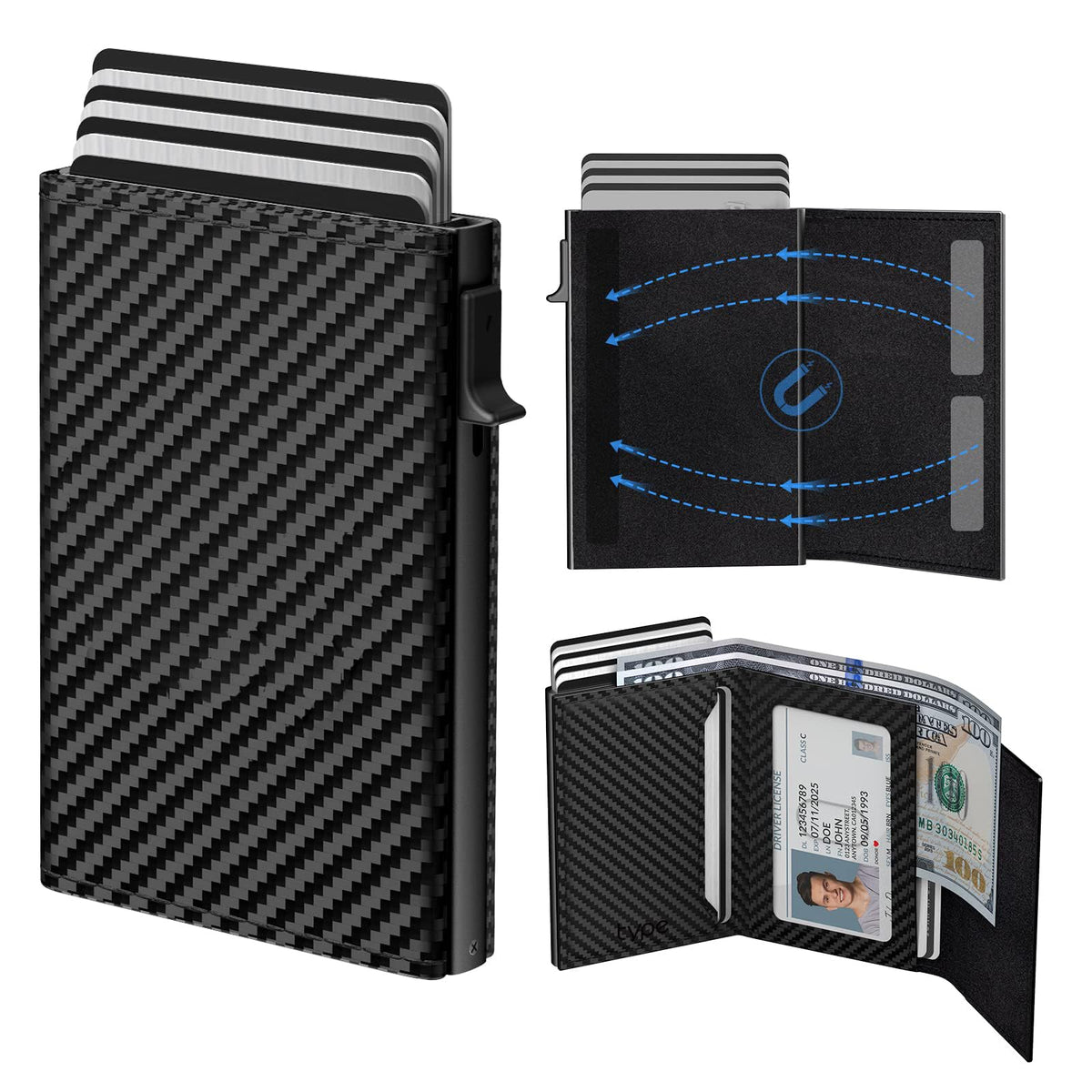 KASTWAVE Mens Wallet Card Holder - Pop Up Card Case, Top Grain Leather, RFID Blocking, Slim, Minimalist, Ultra-Thin, Front Pocket, 12 Card Capacity | ID Window | Cash Slot（Carbon Fiber Black）