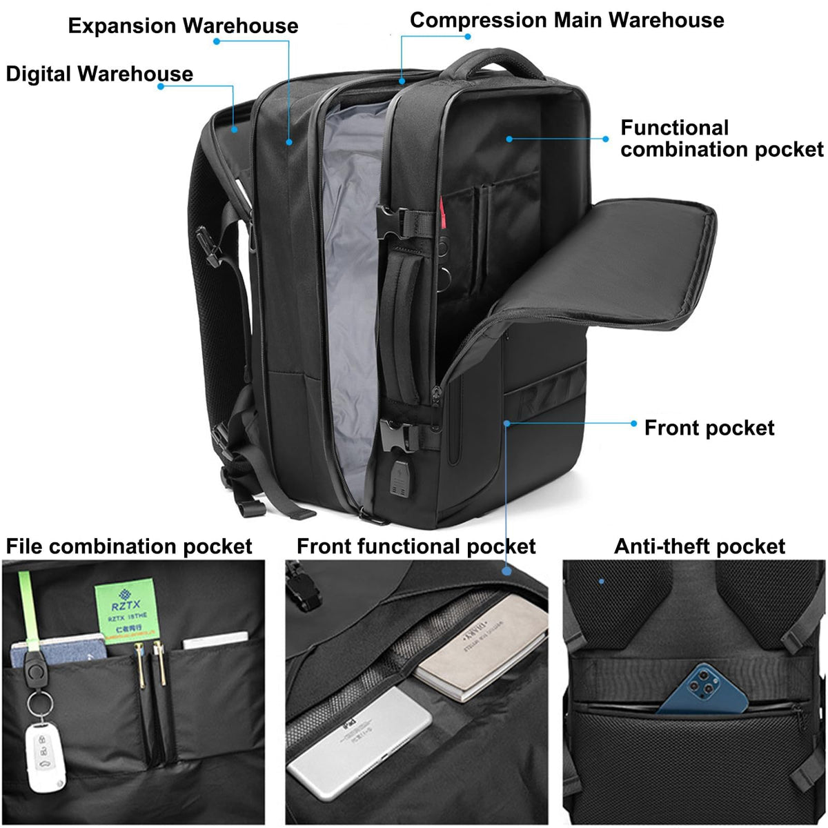 TERRIFI Travel Backpack with Vacuum System, Vacpack Backpack, 16 Gallon Expandable Backpack with Sealed Compression System for Travel (Black)