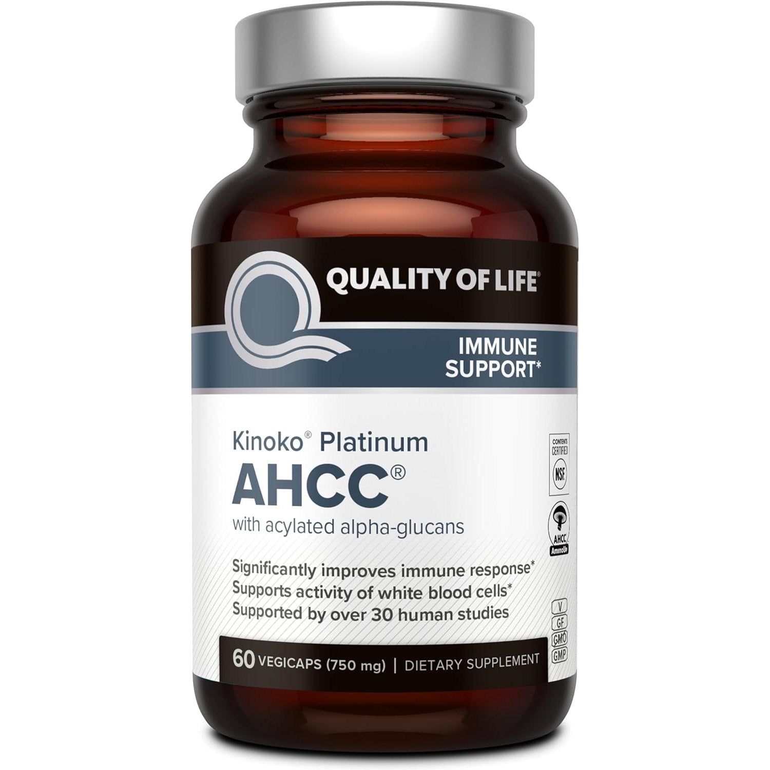 Quality of Life Premium Kinoko Platinum AHCC Herbal Supplement, 750mg of AHCC per Capsule, for Immune Support, Liver Function, Maintains Natural Killer Cell Activity, 1 Pack, 60 Veggie Capsules - Medaid International