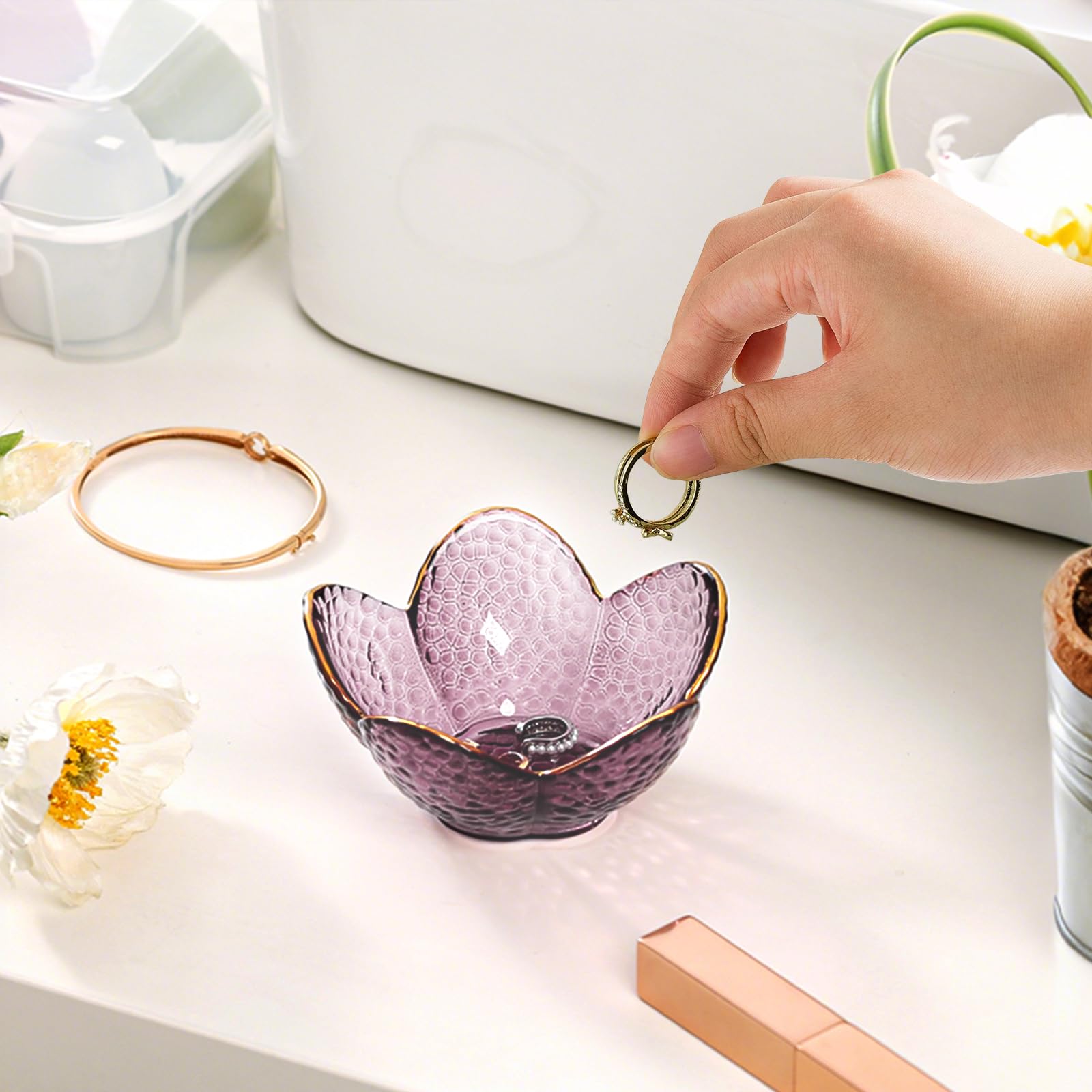 Purple Flower Jewelry Dish Glass Ring Holder Dish Jewelry Tray Cute Vanity Organizer Aesthetic Nightstand Bathroom Room Decor Trinket Dish Valentine's Friendship Christmas Birthday Gifts for Women - Medaid International
