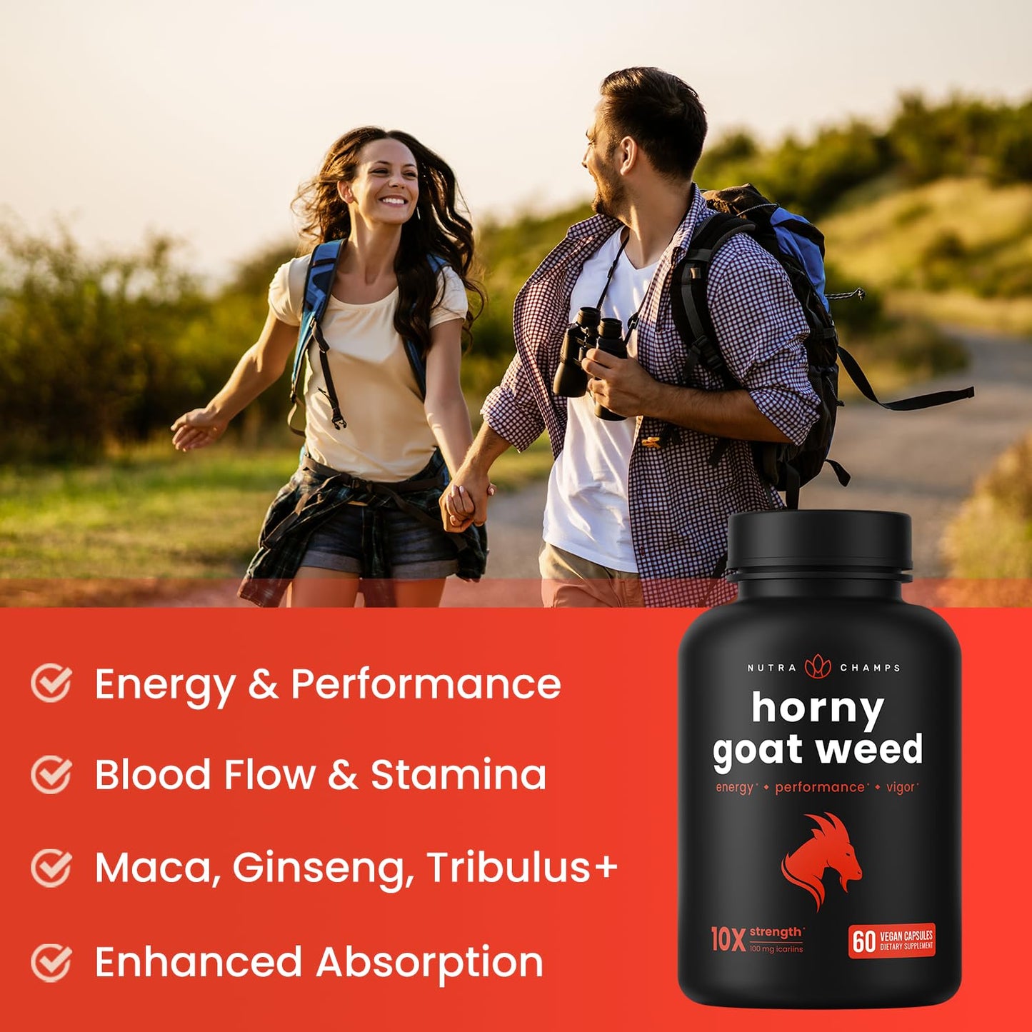 NutraChamps Horny Goat Weed, 1000mg Epimedium Energy Supplement, 10X Strength Icariin, Ginseng, Tribulus & Maca Pills for Women & Men, Enhanced Absorption with Black Pepper, 60 Vegan Capsules - Medaid International