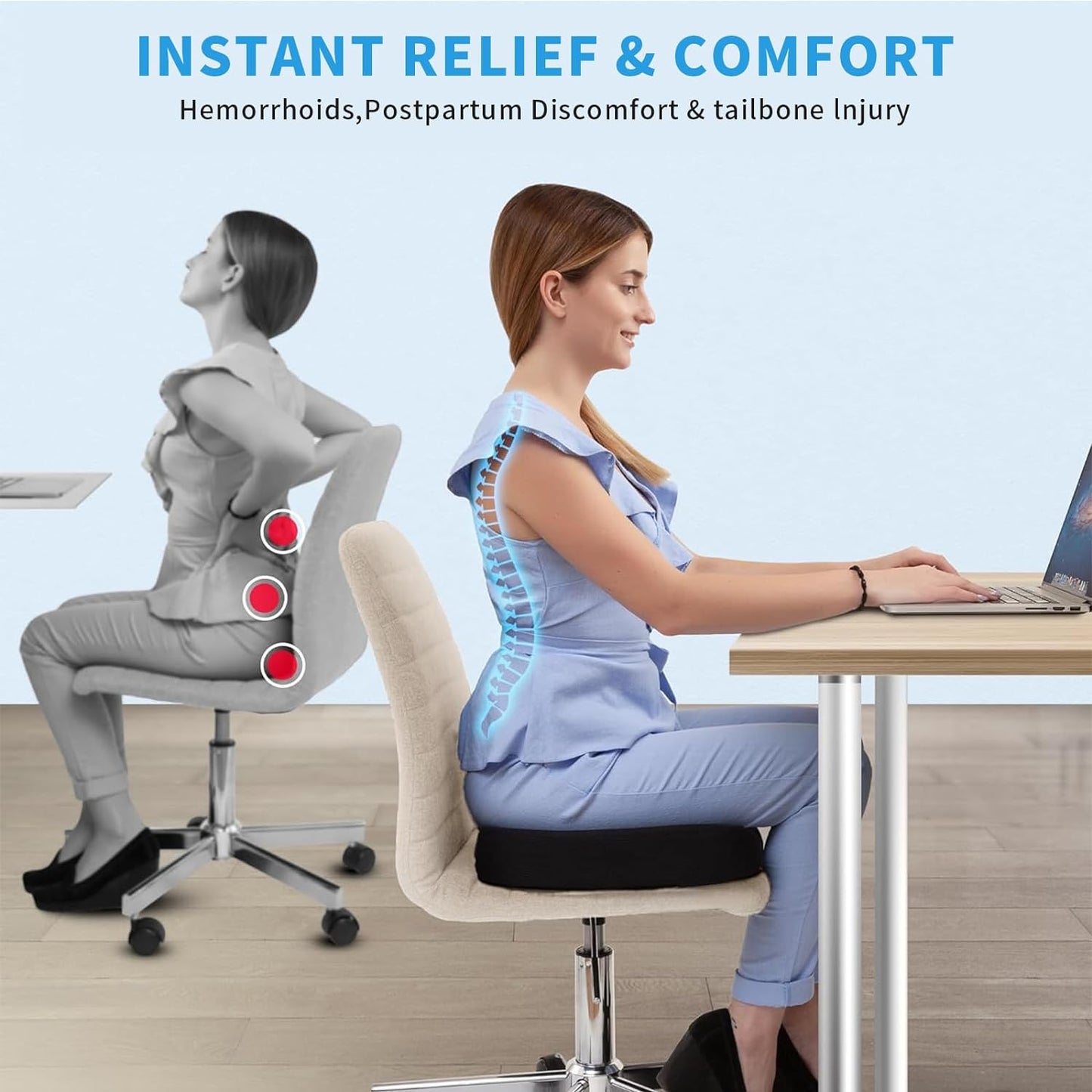 Seat Cushion Non-Slip Desk Chair Cushion Back, Coccyx, Sciatica, Tailbone Pain Relief Butt Pillow - Medaid International