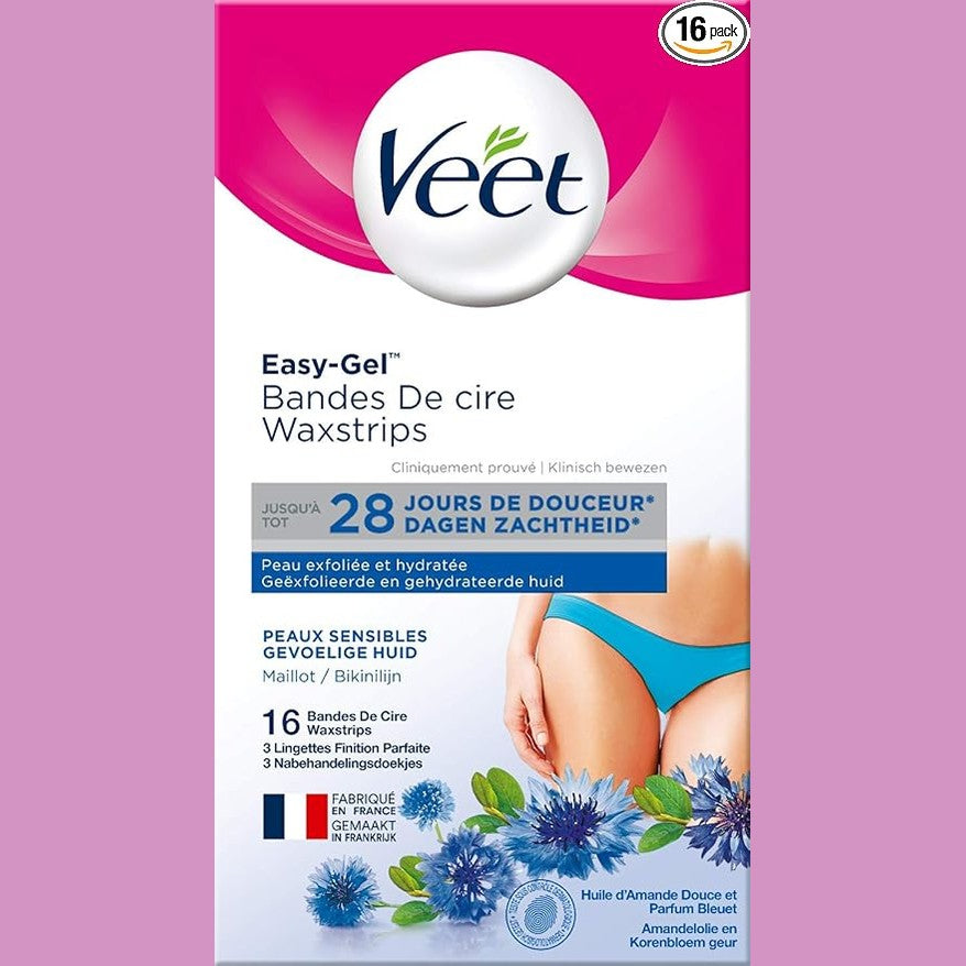 Veet® Bikini and Underarm Wax Strips with Vitamin E and Almond Oil for sensitive skin 16 strips, 4 wipes