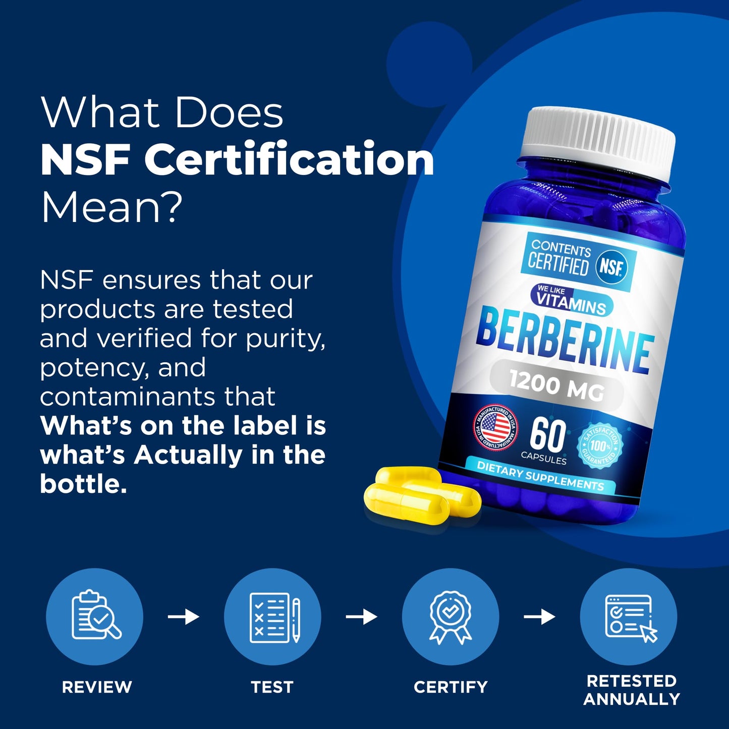 We Like Vitamins | NSF Certified Berberine Supplement, 1200mg, Pure Max Strength Berberine HCL - 60 Vegetarian Capsules (Gluten Free, Non GMO) - 30 Servings - Medaid International