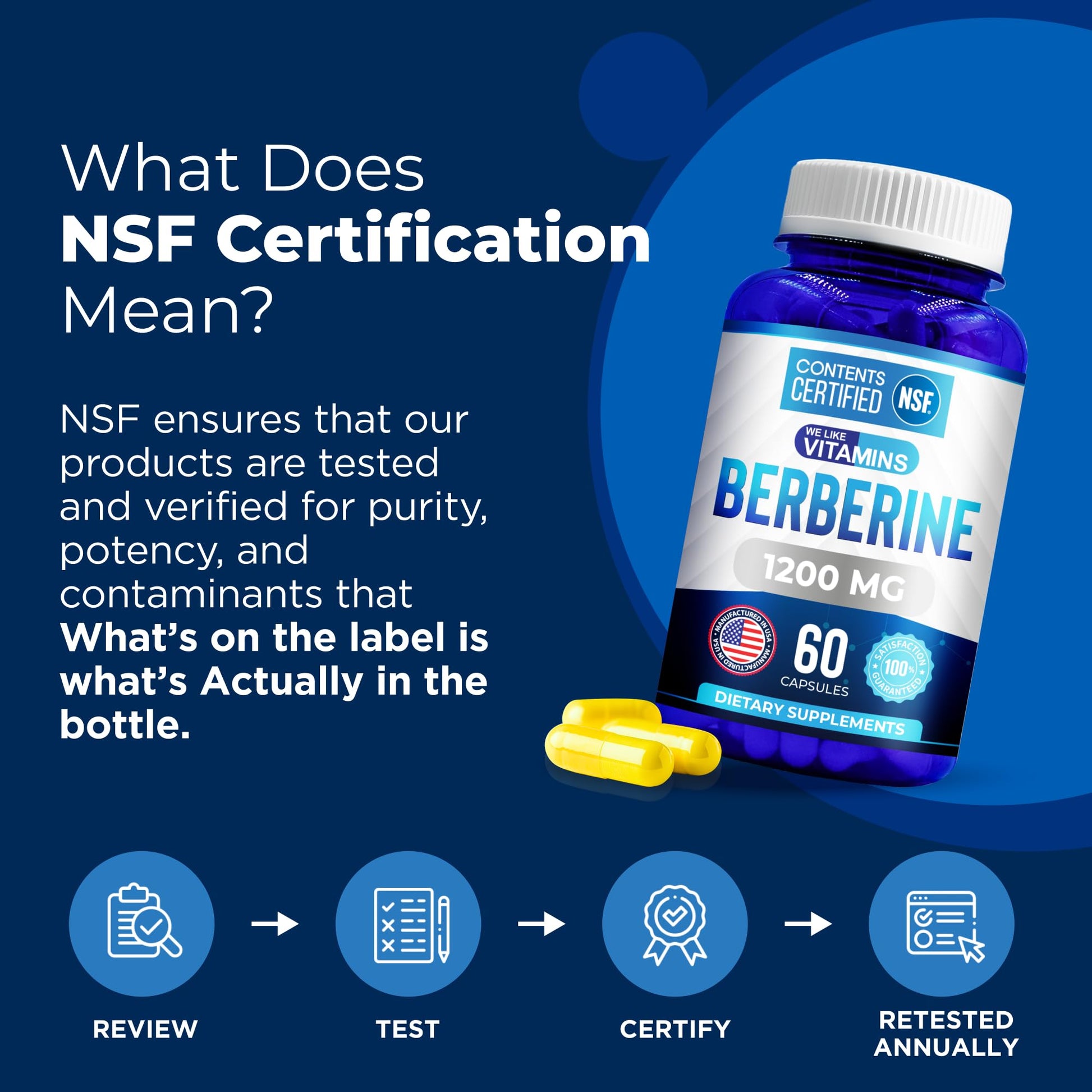 We Like Vitamins | NSF Certified Berberine Supplement, 1200mg, Pure Max Strength Berberine HCL - 60 Vegetarian Capsules (Gluten Free, Non GMO) - 30 Servings - Medaid International