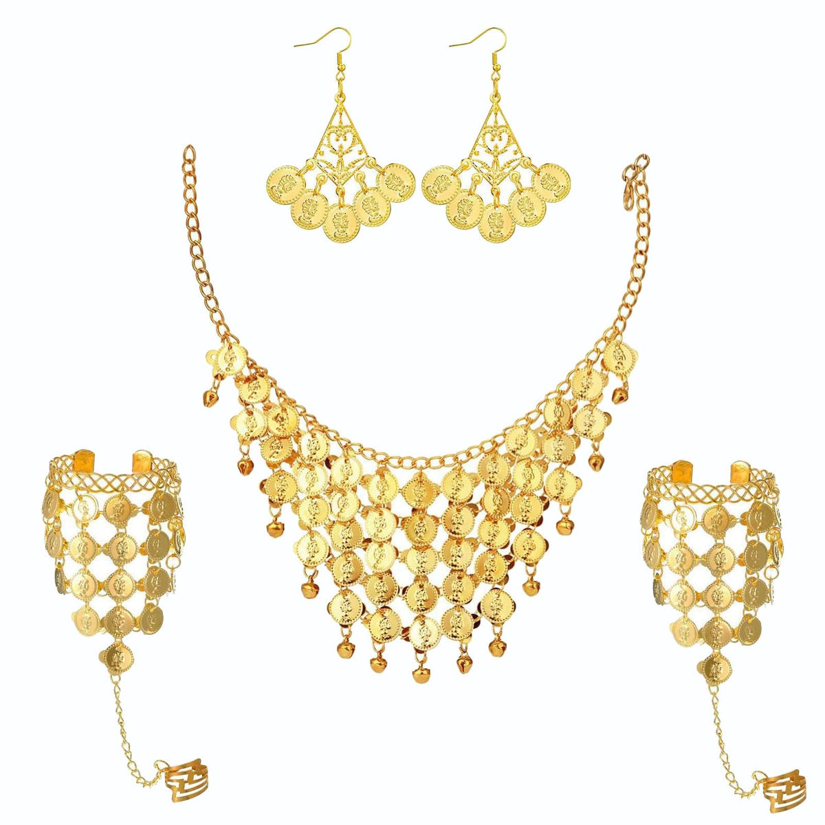 TERRIFI Belly Dance Jewelry Set Women Belly Dance Gold Sequins Head Chain Coins Necklace Earrings Bracelets Bohemian Tassel Anklet Chain for Cosplay Halloween Dance Accessories