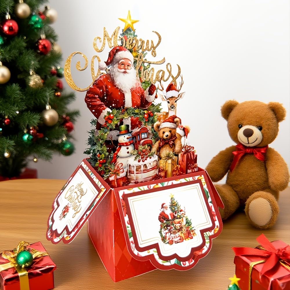 Vintage 4-Layer Christmas Greeting Card with Santa Claus, Reindeer & Tree Design - White Paper Holiday Card with Envelope, Festive Holiday Party Invitation for Friends & Family - Medaid International
