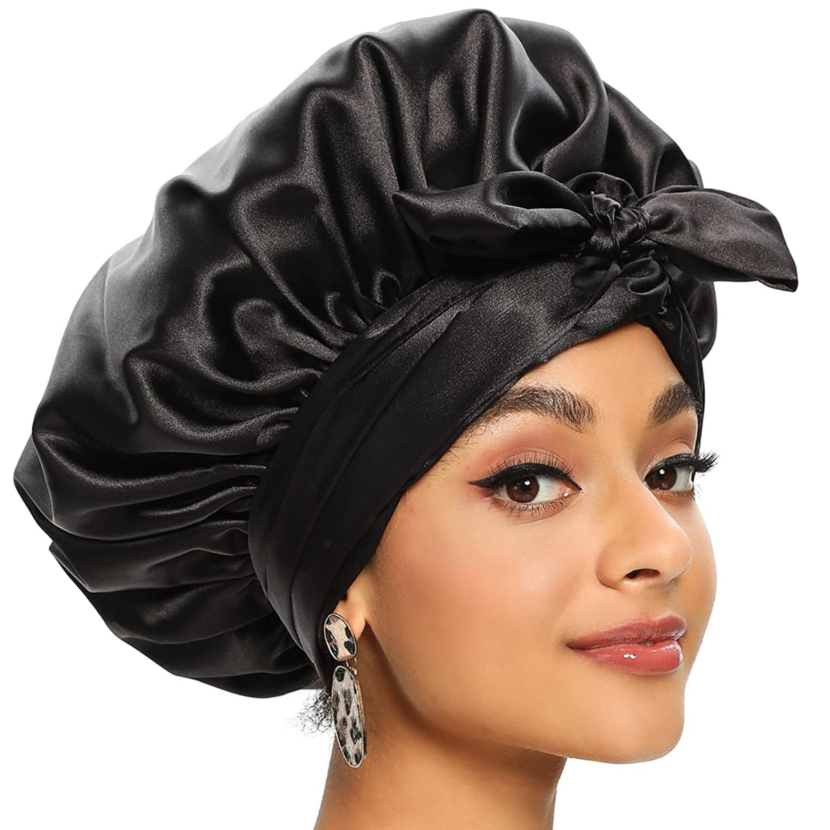 Satin Bonnet for Black Women, KASTWAVE Jumbo Silk Bonnet for Curly Hair, Silk Hair Wrap for Sleeping, Satin Bonnet with Stretchy Tie Band, Silk Bonnet for Curly Hair Wraps for Sleeping (Black)