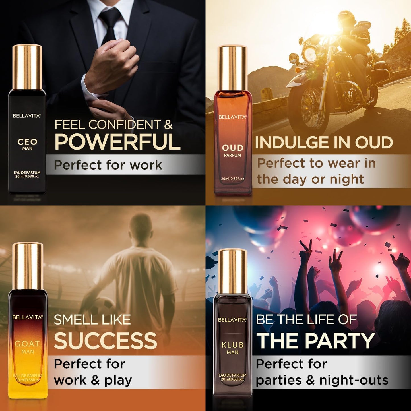 Bella Vita Luxury Long Lasting Perfume Gift Set for Man | 4x20ml | Gifts for Men | Woody, Citrusy, Oud, Premium Fragrance Scent | KLUB, OUD, CEO, G.O.A.T - Medaid International