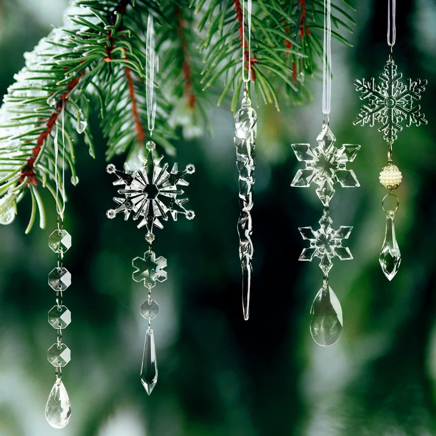 18pcs Christmas Tree Decoration Crystal Ornaments - Hanging Acrylic Christmas Snowflake Icicle Drop Crystal Ornaments for Xmas Tree Winter New Year Party Supplies - Medaid International