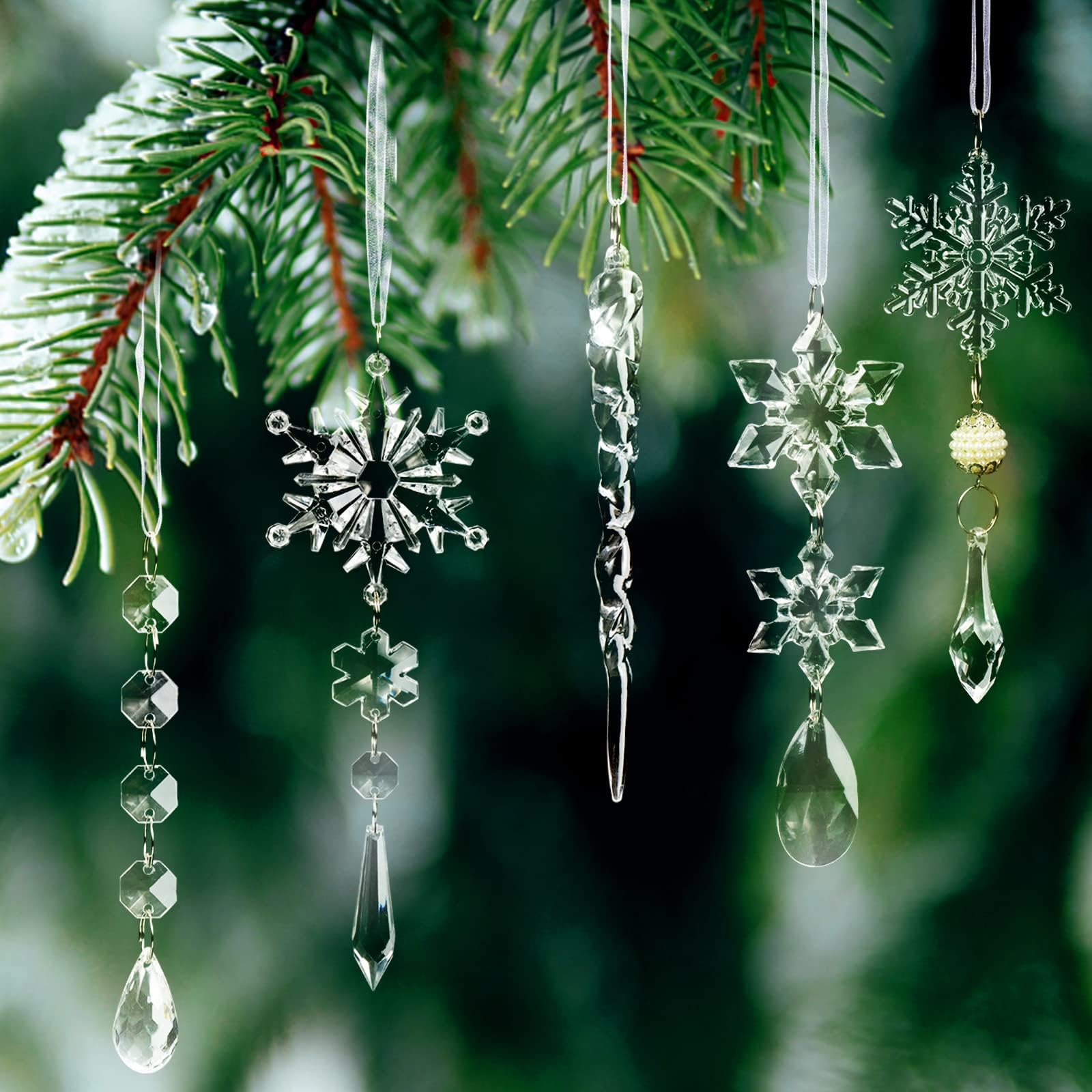 18pcs Christmas Tree Decoration Crystal Ornaments - Hanging Acrylic Christmas Snowflake Icicle Drop Crystal Ornaments for Xmas Tree Winter New Year Party Supplies - Medaid International