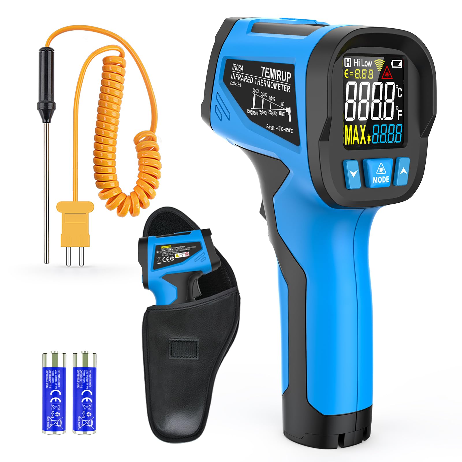 Infrared Thermometer Temperature Gun - TEMIRUP Non-Contact Digital Laser Thermometer Temp Gun with Thermocouple Probe for Industrial, Cooking, Griddle, Engine, HVAC, Adjustable Emissivity,-40℉~1202℉ - Medaid International