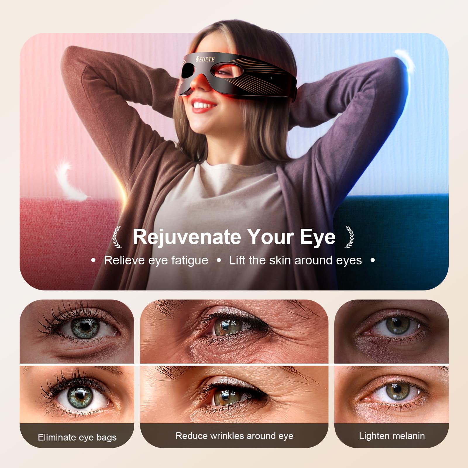 Pedete Red Light Therapy for Eyes, 3 Modes Under-Eye Red Light Eye Mask, Eye Massager for Fine Lines Eye Bags and Dark Circles for Men Women(Black) - Medaid International