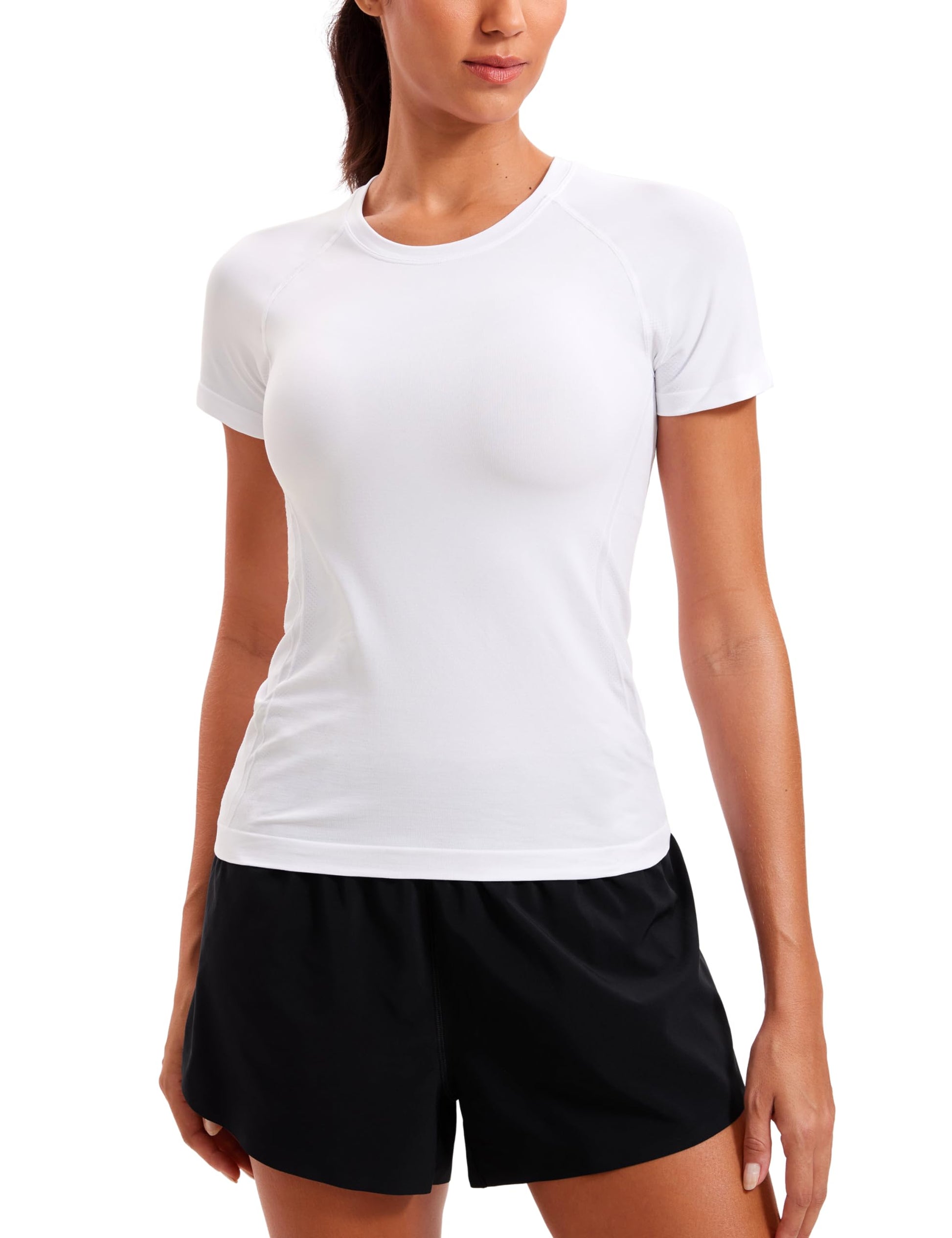 CRZ YOGA Seamless Workout Tops for Women Short Sleeve Athletic Tees Breathable Gym Running Yoga Shirts White Small - Medaid International