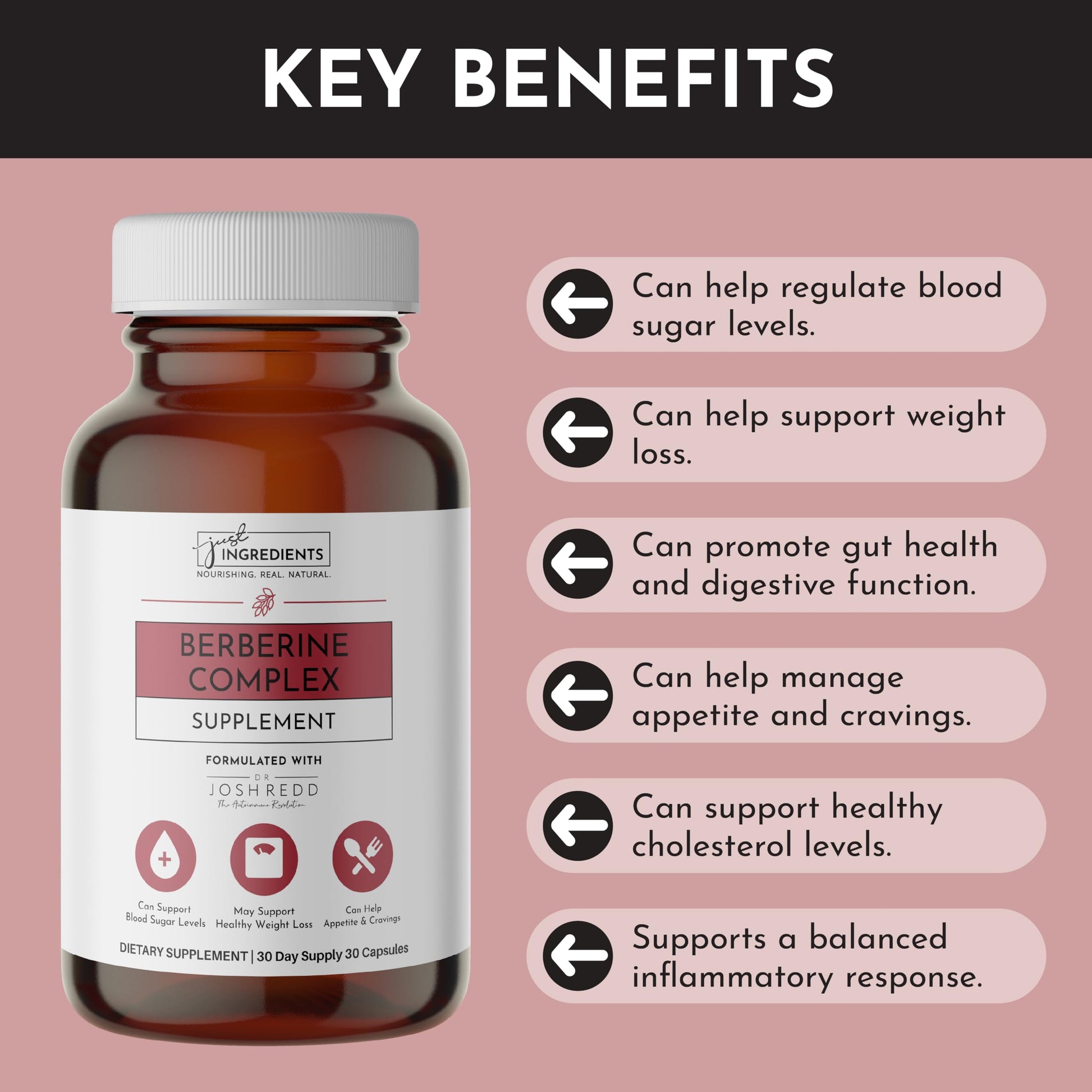 JUST INGREDIENTS Berberine Supplement – 30-Capsule Herbal Support Formula with Organic Berberis Aristata – Traditionally Used for Metabolic Health, Cellular Function & Overall Wellness. - Medaid International