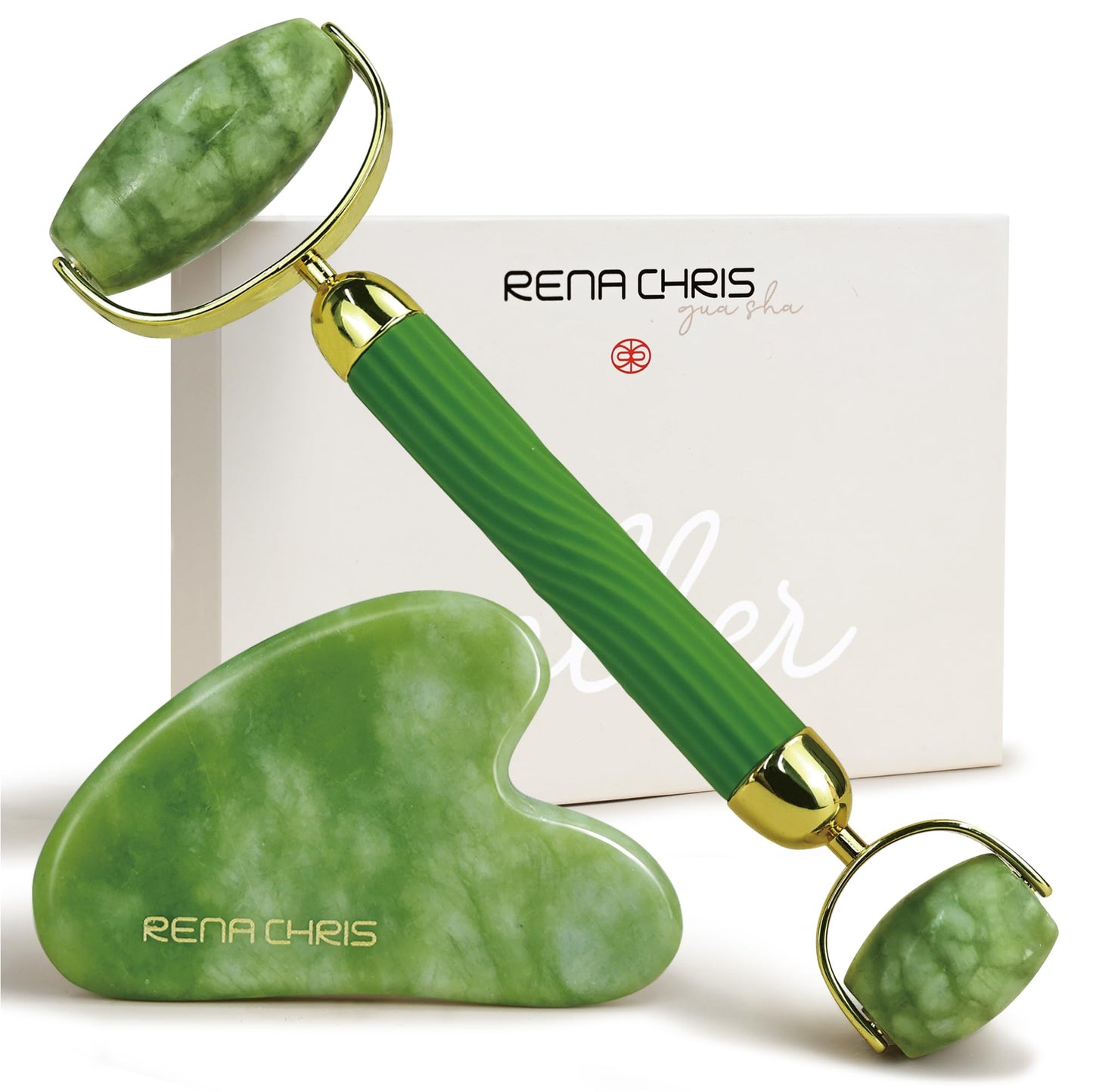 Rena Chris Gua Sha and Face Roller Set: Anti-Breakage Jade Roller for Long-Lasting Use, Jawline Sculpting and Puffiness Reducing, Gua Sha Facial Tools for Self Care Gift (Green) - Medaid International