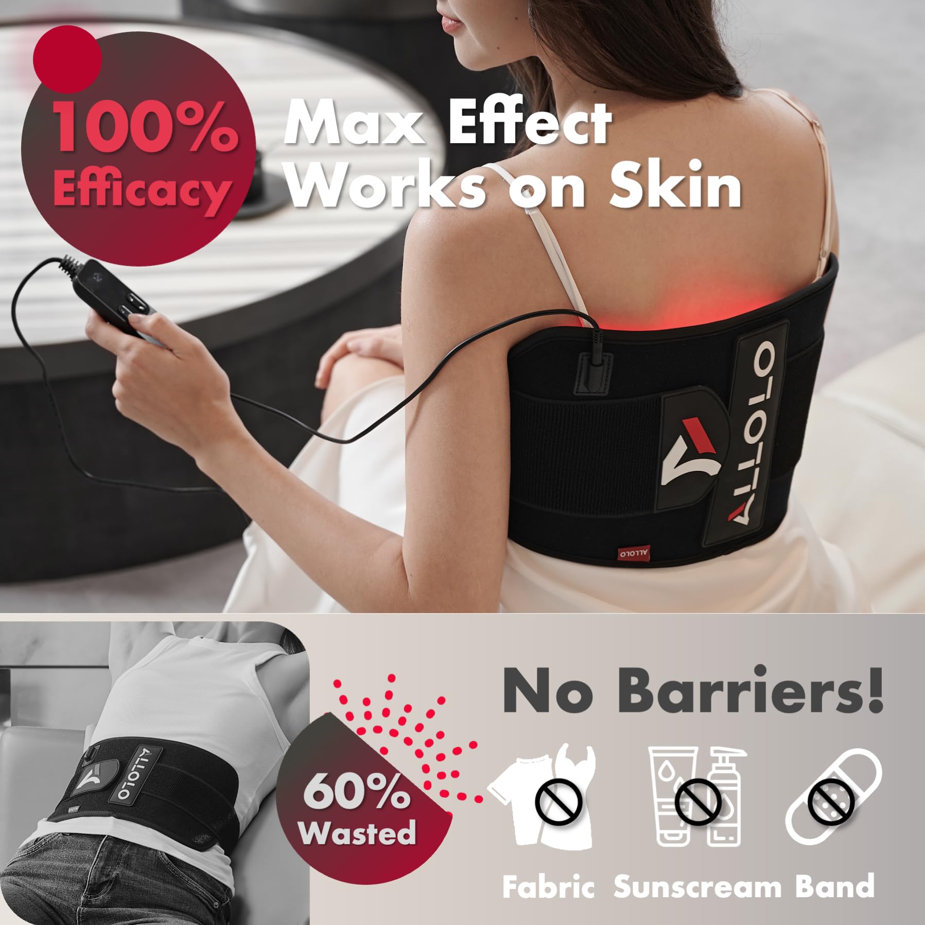 ALLOLO Red Light Therapy for Body, 16.7"*7.9" 660nm&850nm Infrared Red Light Therapy Belt with Pulse for Back Waist Muscle Pain Relief, 3-in-1 LED Bead with Controller Timer Gift for Women Men - Medaid International